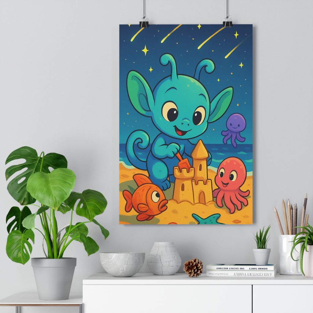 Poster décoratif cartoon bleu orange rose étoilé joyeux chambre enfant plage créature ludique tendance