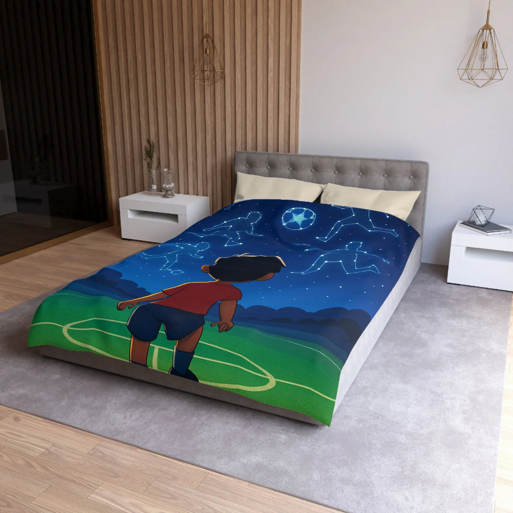 Housse de couette étoilée avec enfant rêvant de football sous ciel constellé