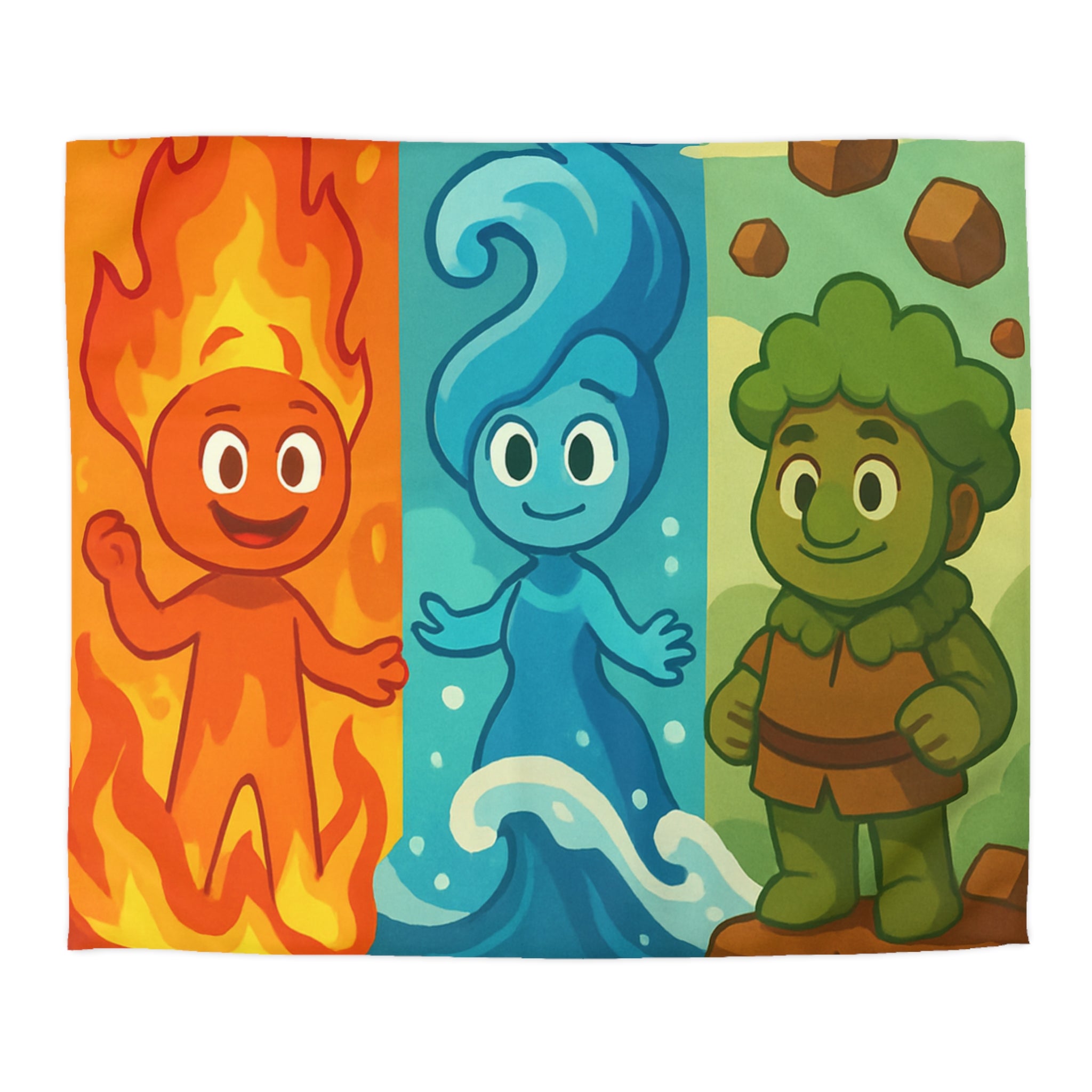 Trois Élémentaires Enfants Sympathiques : Feu, Eau, Terre dans un Décor Coloré Illustré
