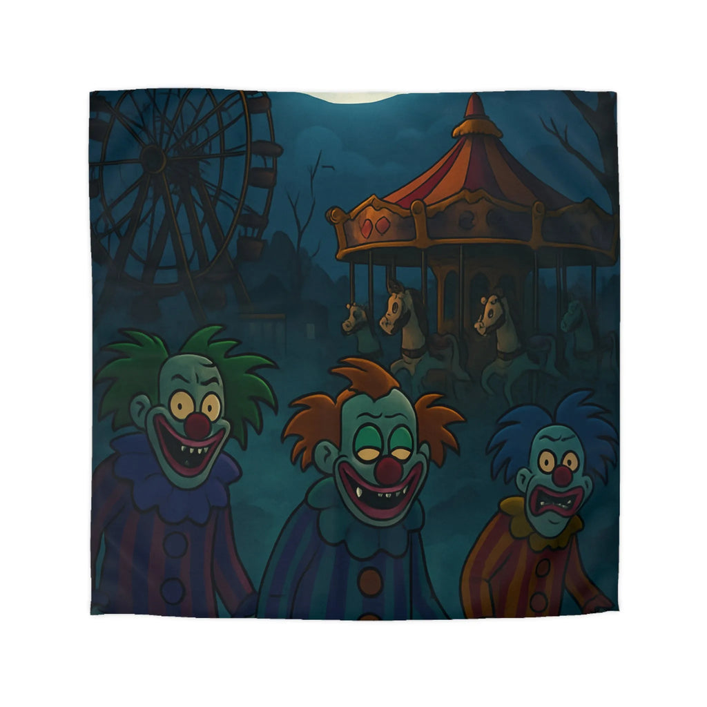 Housse de couette effrayante avec clowns sinistres et pleine lune, ambiance terrifiante