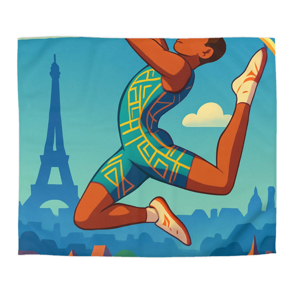 Housse de couette athlète sautant en ville avec ciel bleu et monuments célèbres