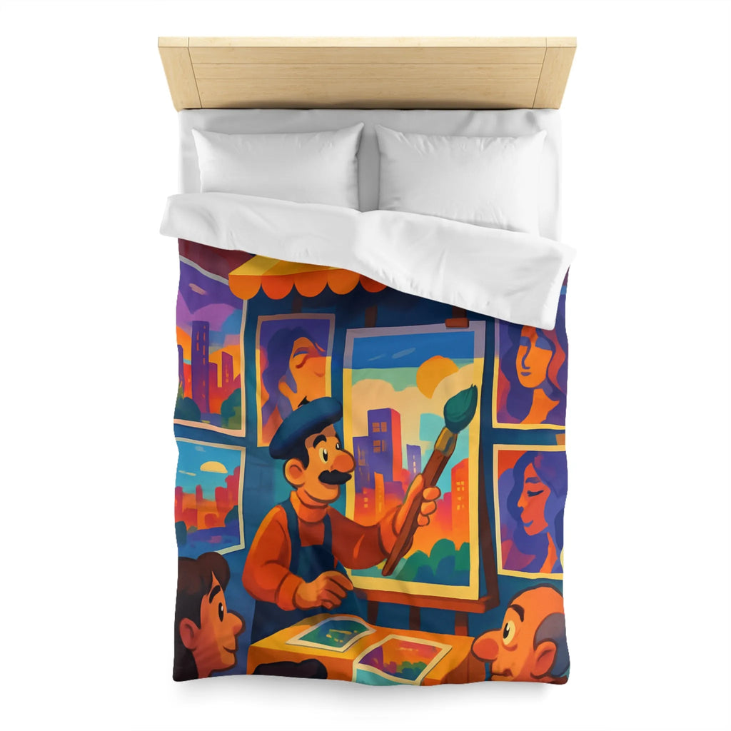 Housse de couette artistique avec scènes de rue vibrantes et peintures colorées