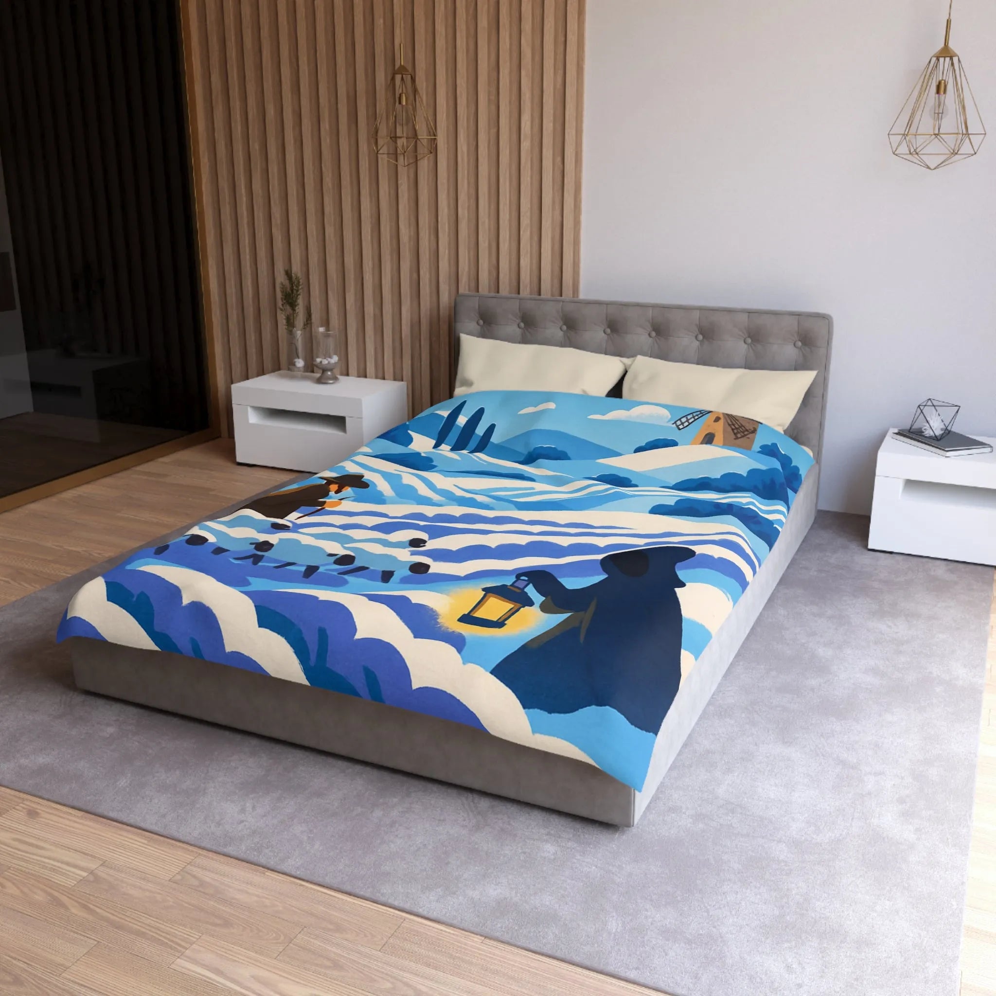 Housse de couette champêtre avec berger, moutons et moulin dans un paysage rêveur