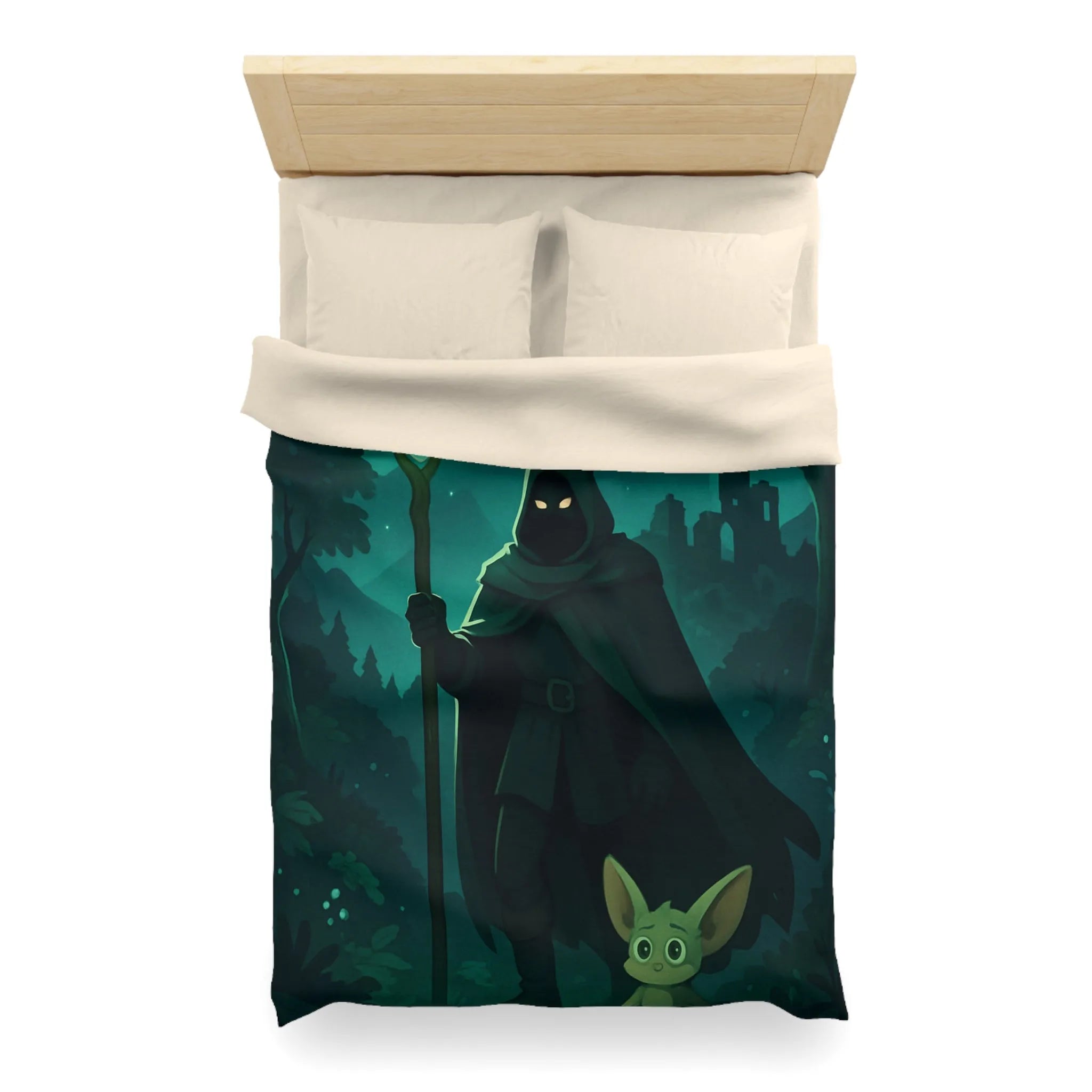 Housse de couette magique avec sorcier nocturne et créature enchantée sous lune étoilée