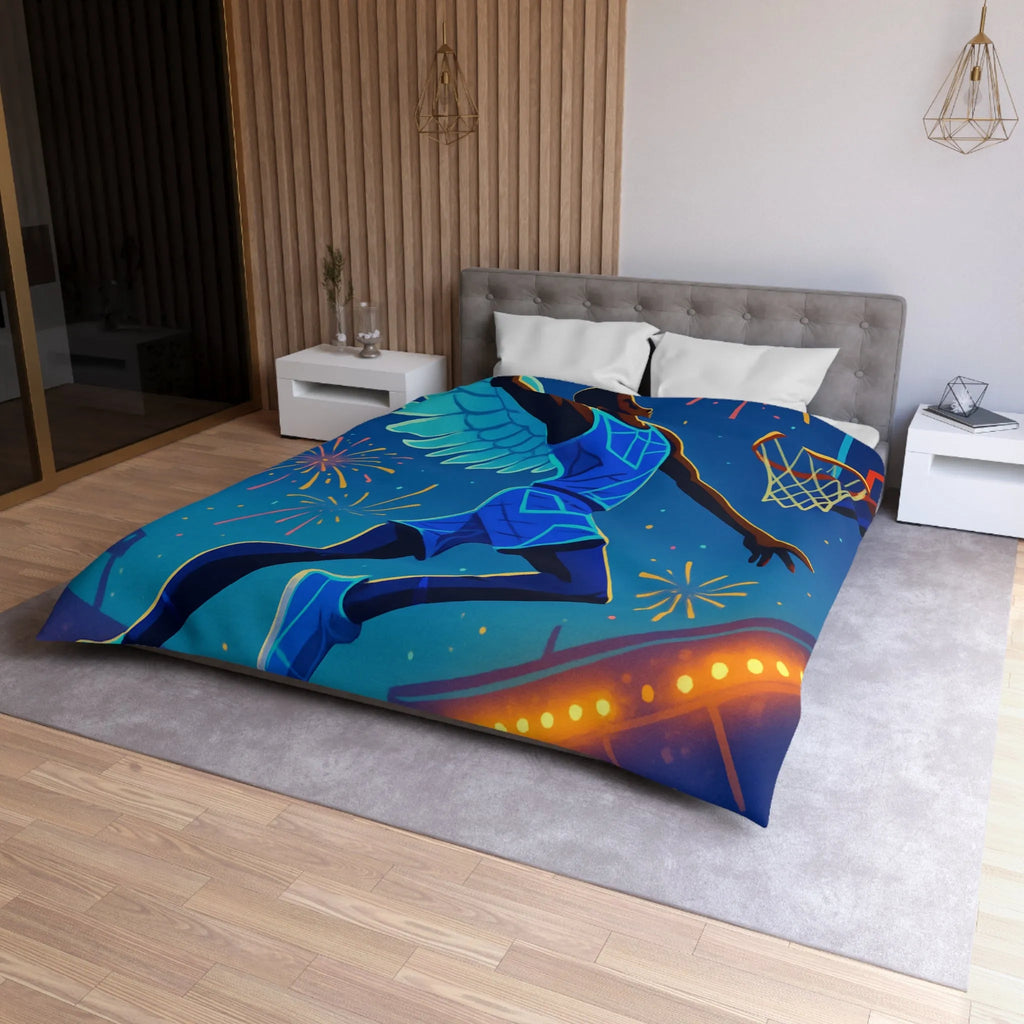 Housse de couette avec joueur de basket volant sous un ciel étoilé lumineux