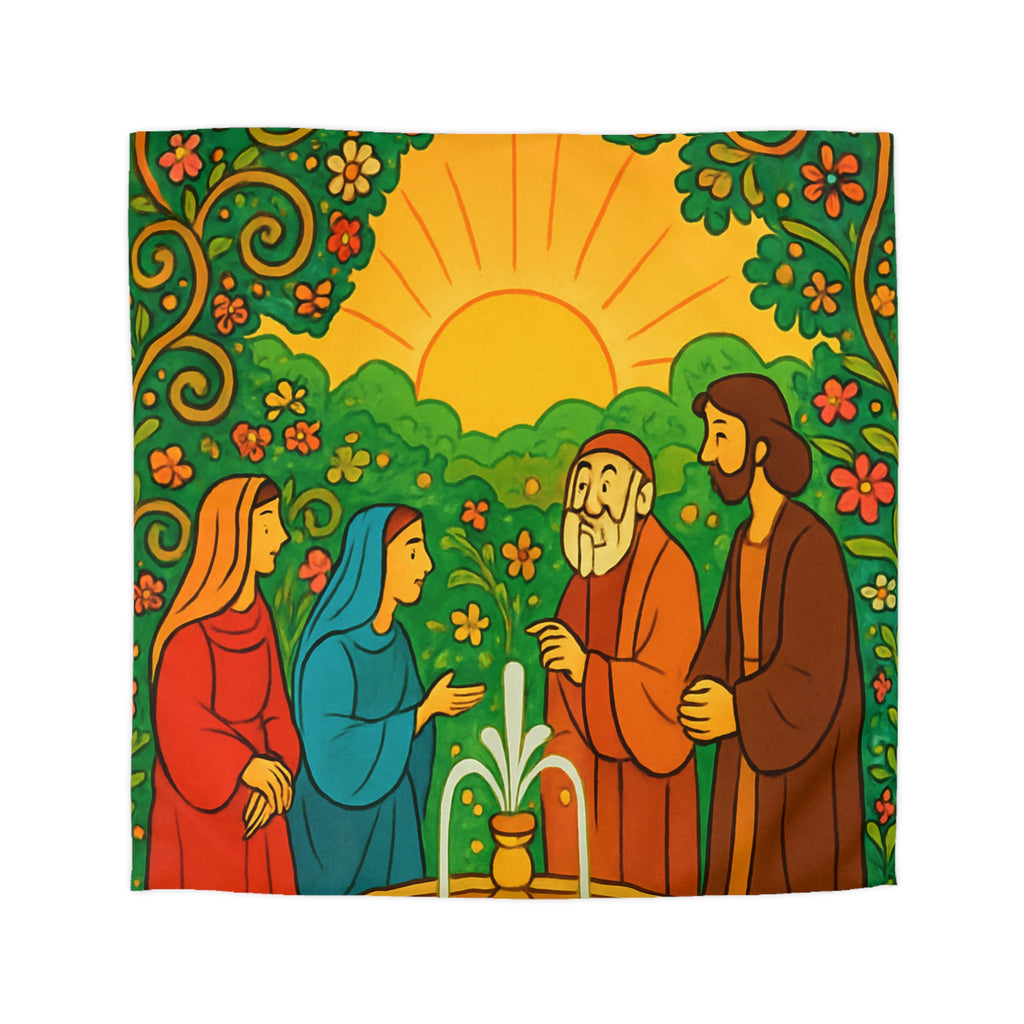 Housse de couette vibrante avec scène florale colorée et figures en discussion harmonieuse