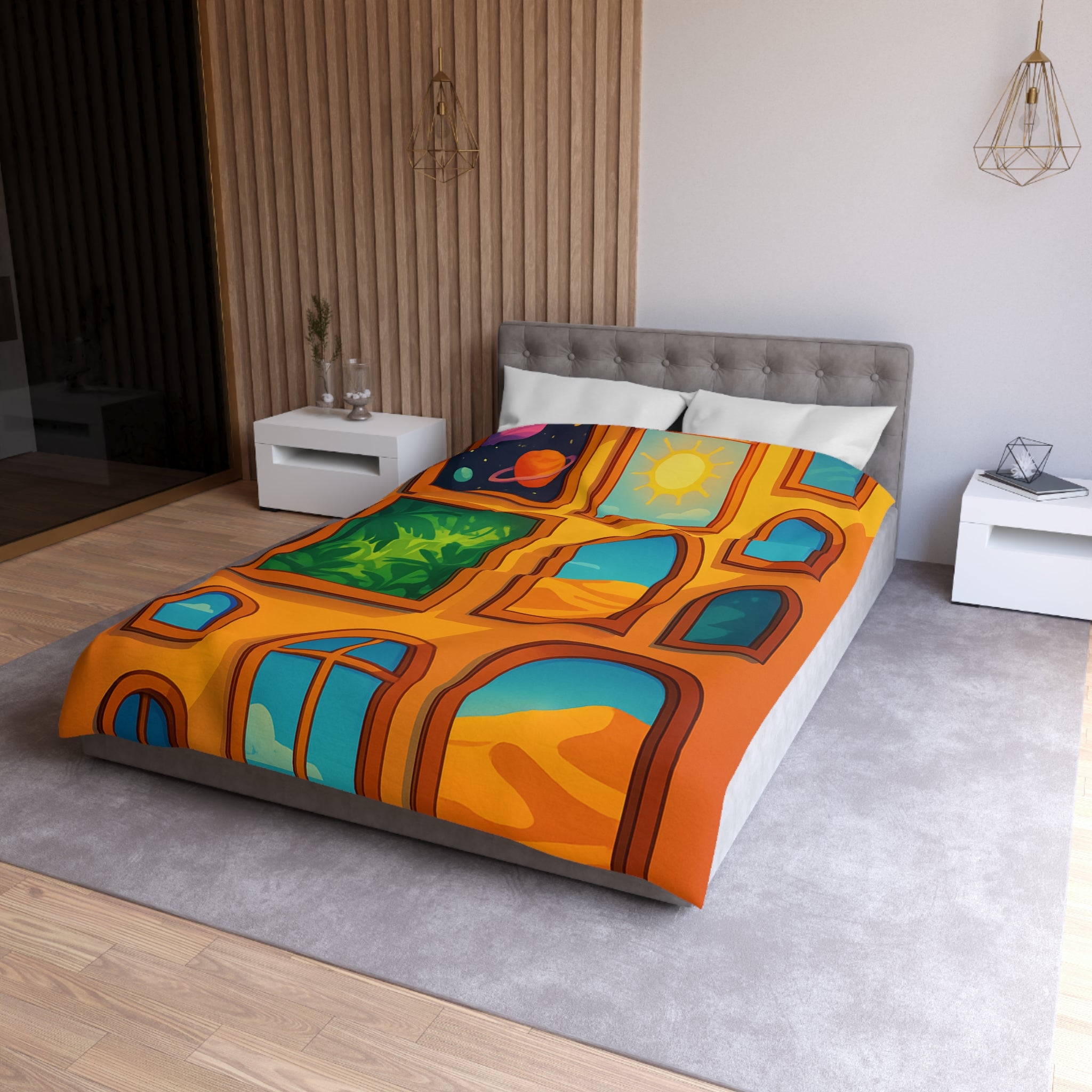 Housse de couette vibrante avec fenêtres sur l'univers et paysages exotiques