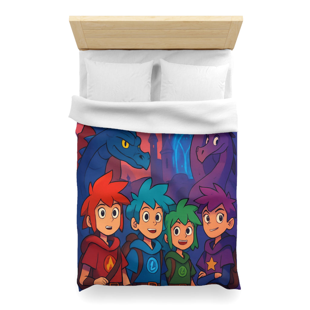 Quatre aventuriers et dragons devant château fantastique, parfait pour chambre d'enfant magique