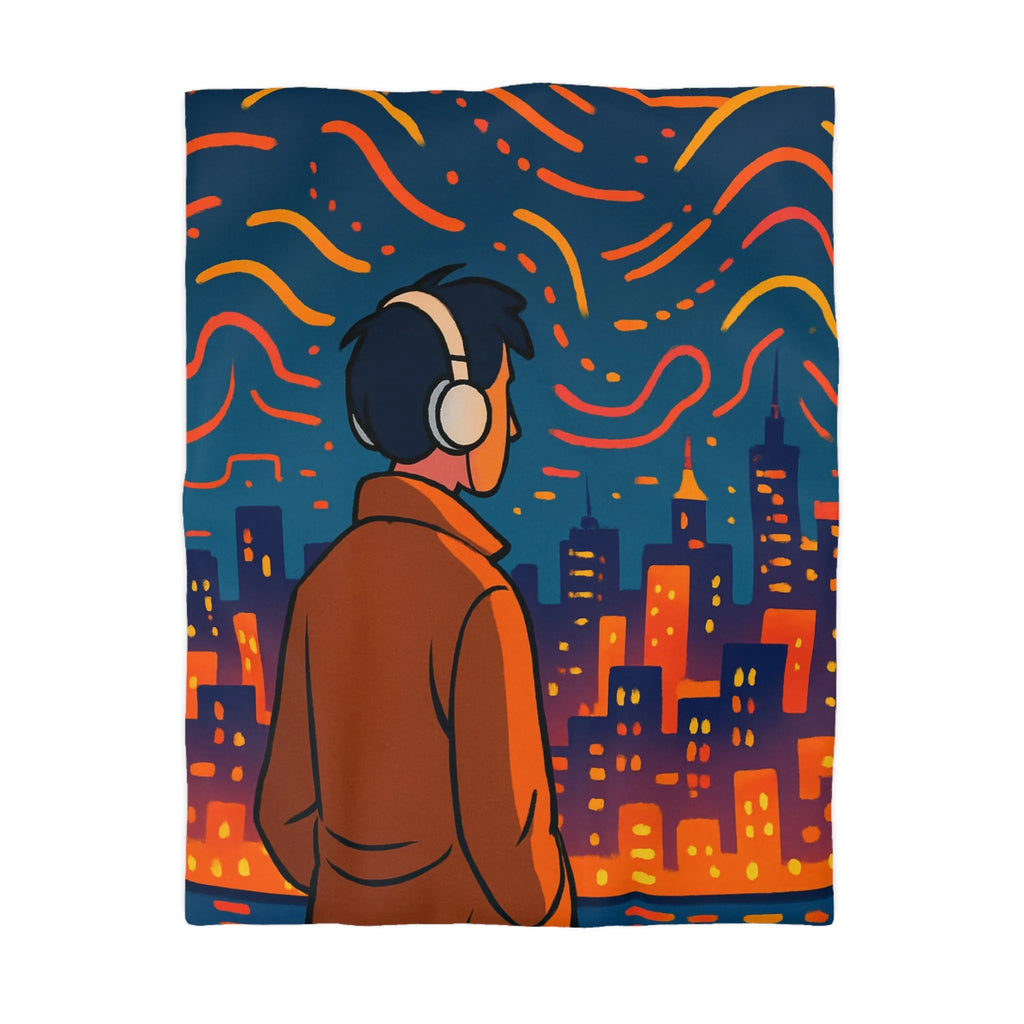 Housse de Couette avec Design Jeune Homme devant Ville Illuminée et Ciel Étoilé