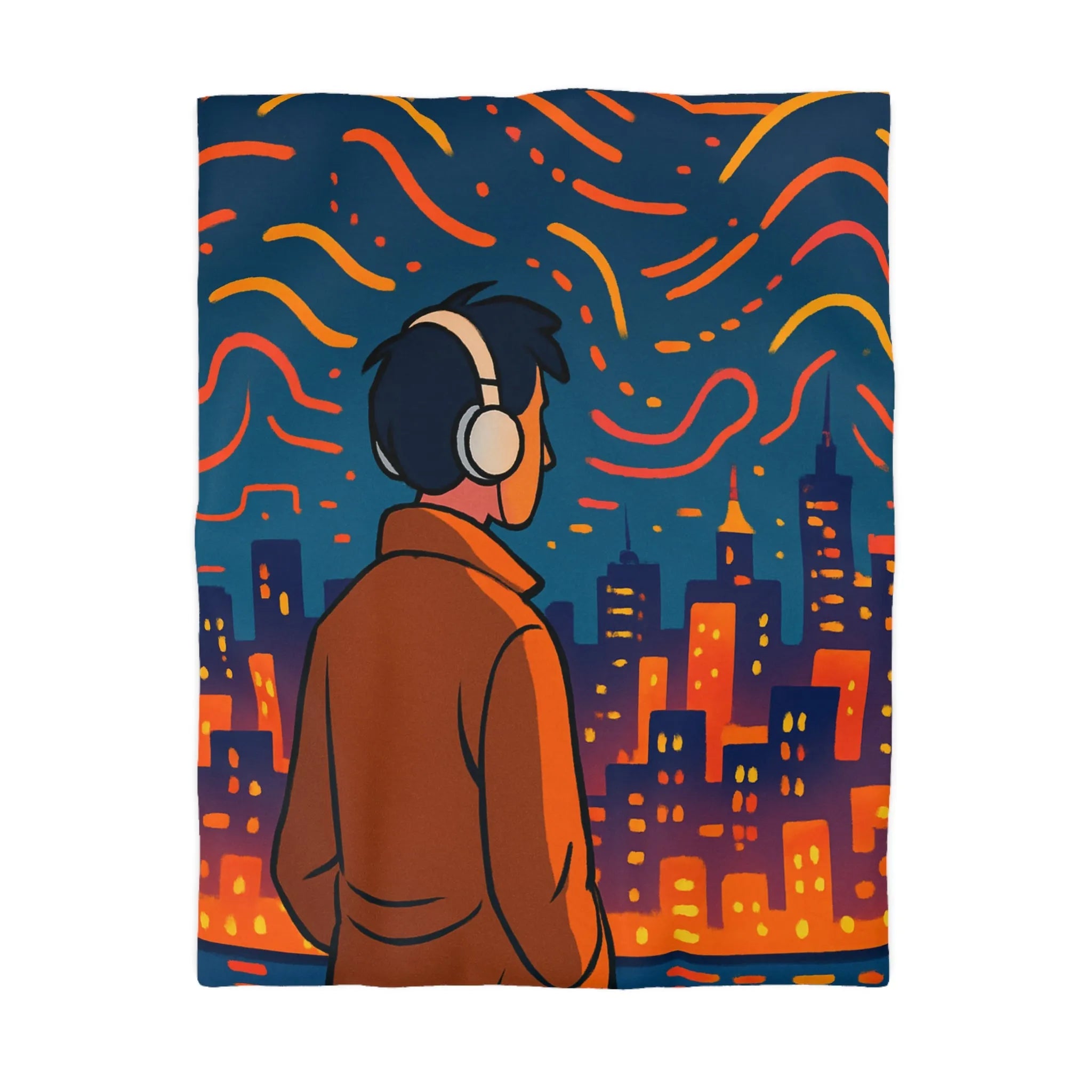 Housse de Couette avec Design Jeune Homme devant Ville Illuminée et Ciel Étoilé