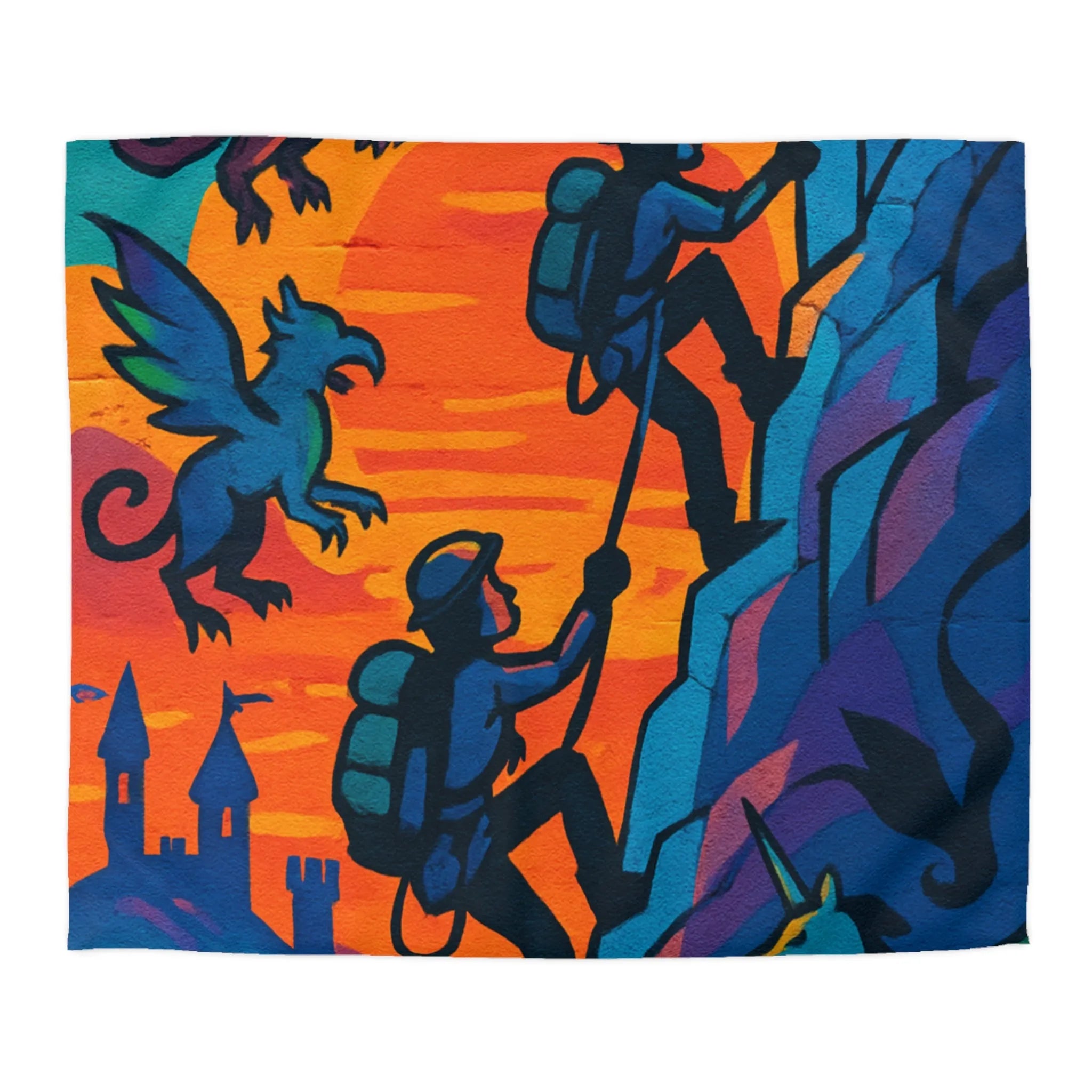 Housse de couette aventure fantastique avec montagnes, créatures mythiques et coucher de soleil