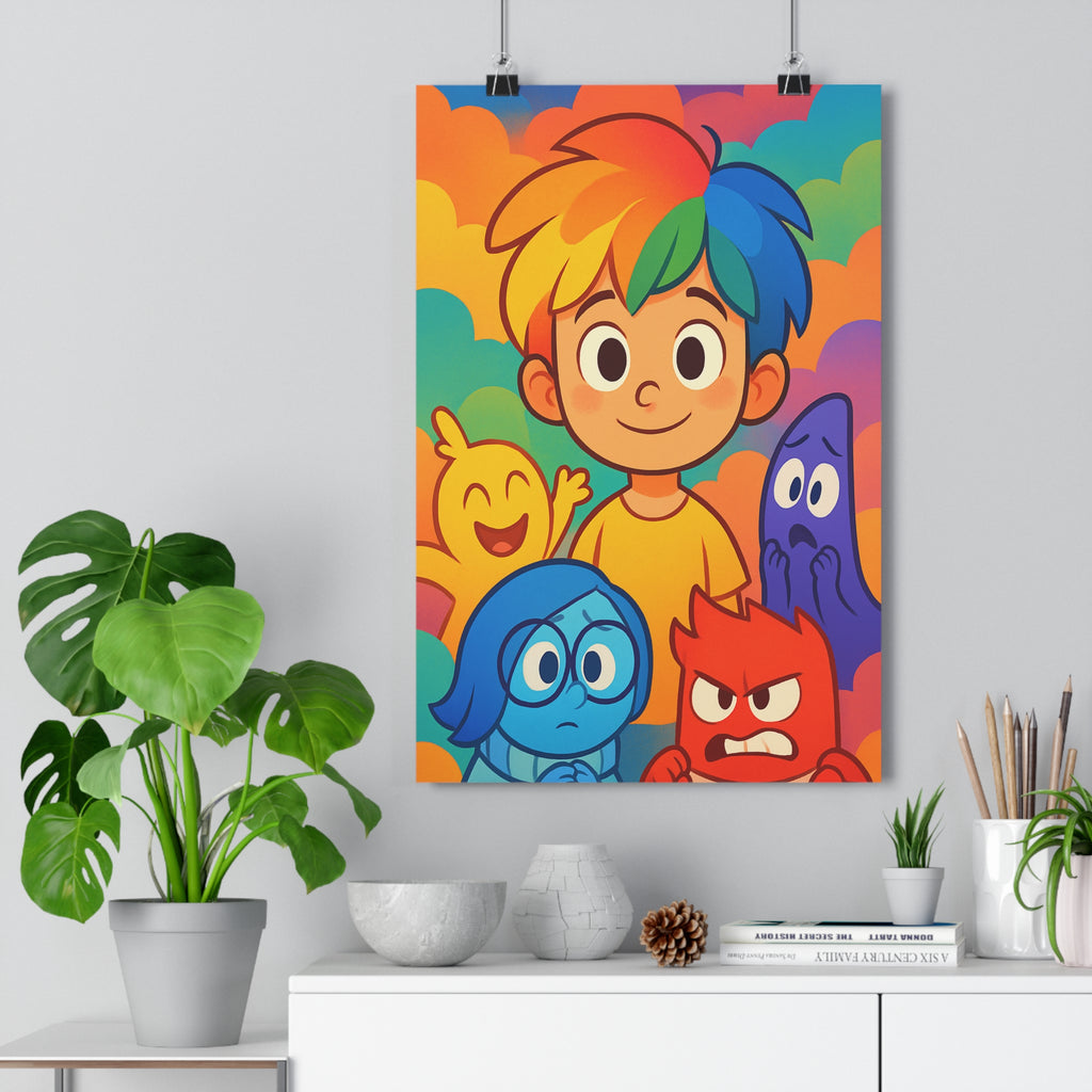 Poster décoratif émotion personnages coloré animé joyeux enfant salon multicolore dynamique vibrant expressif cheveux