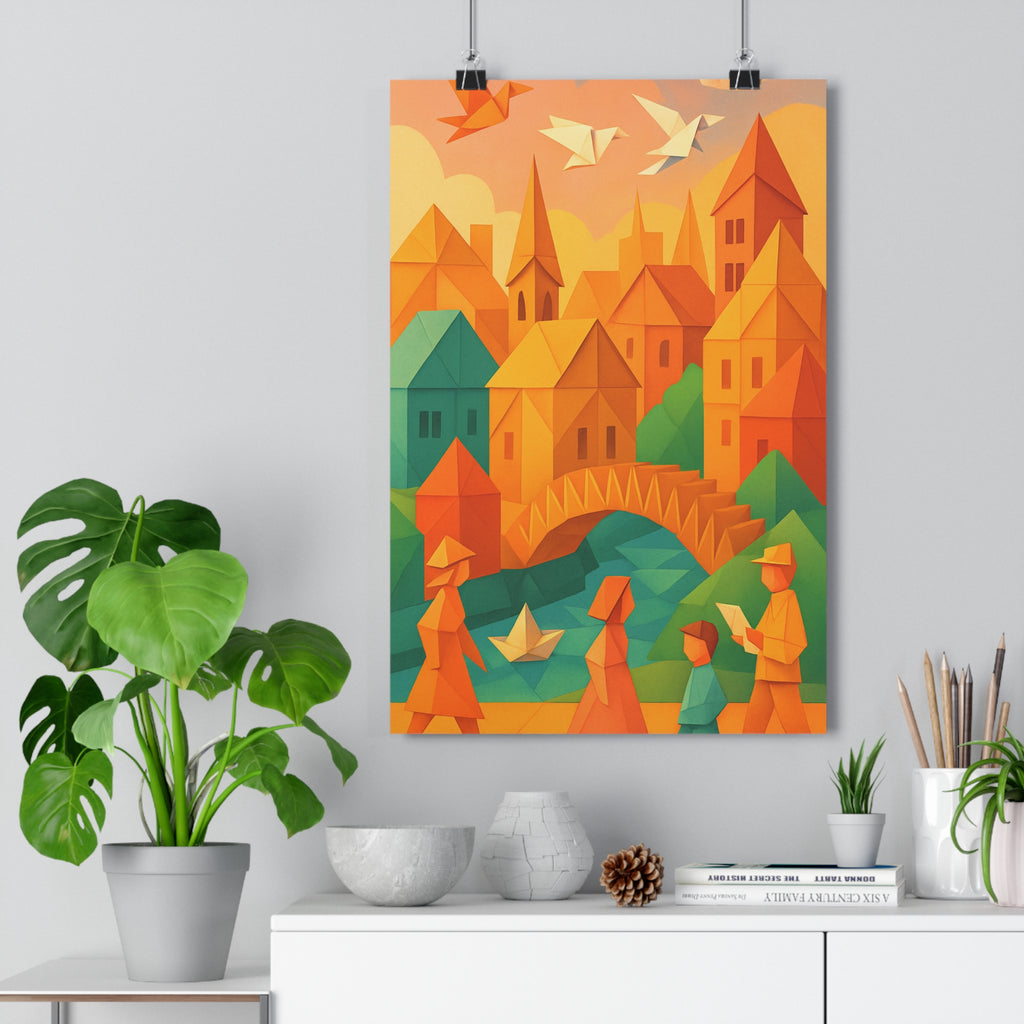 Poster décoratif urbanisme origami orange bleu vert futuriste salon chambre ambiance créative moderne qualité