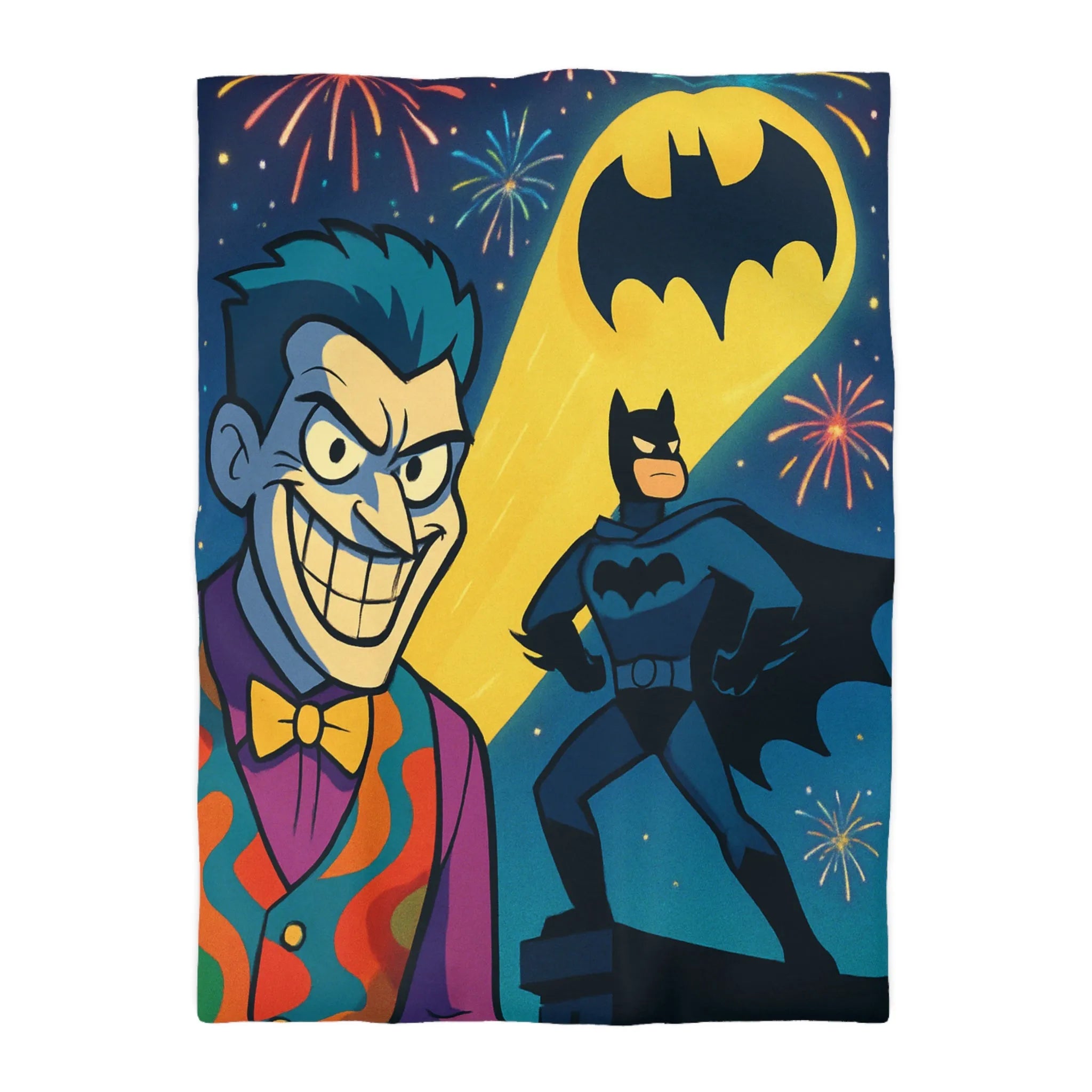 Housse de couette avec justicier nocturne et clown espiègle devant feux d'artifice colorés