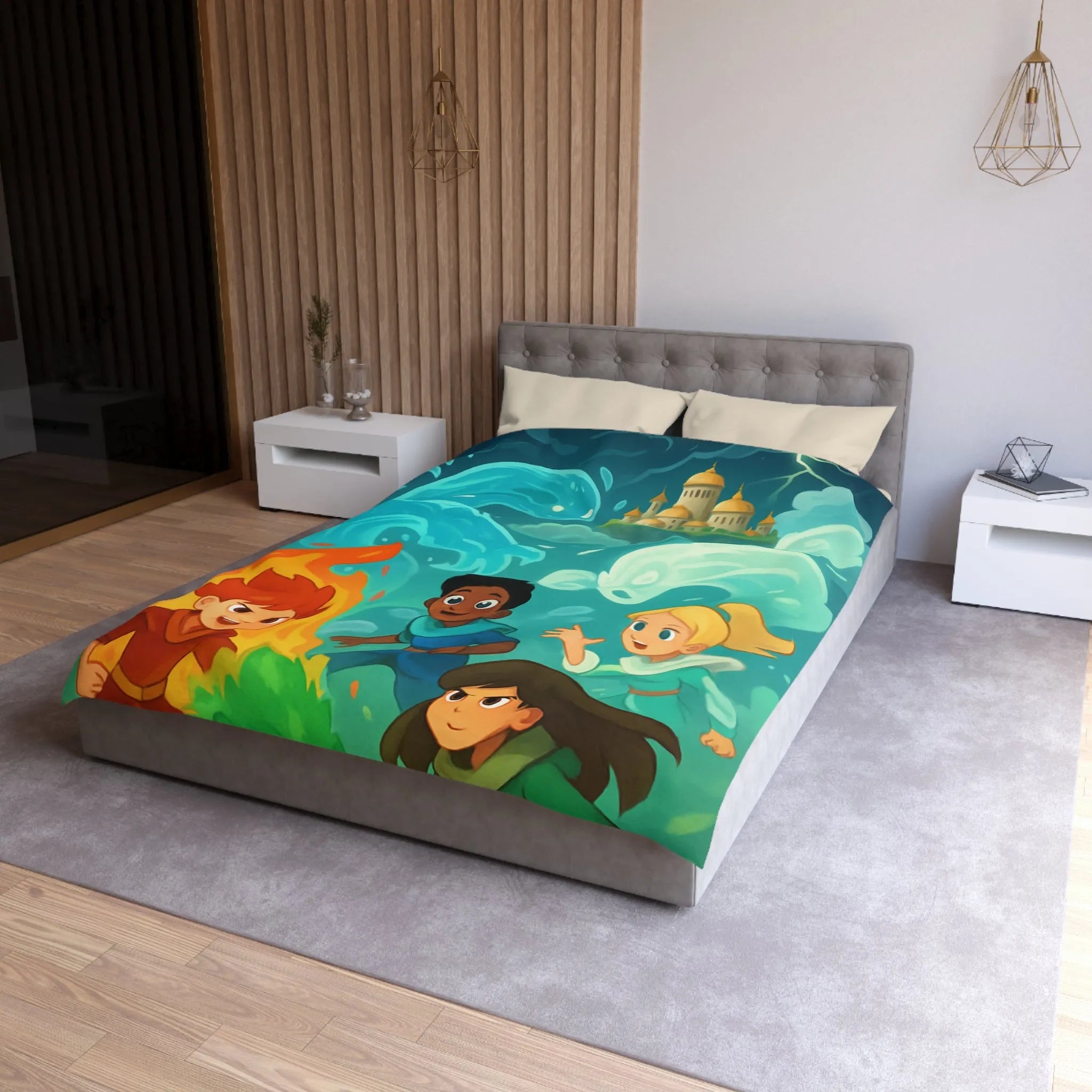 Housse de couette avec illustration de jeunes héros des éléments devant un château magique