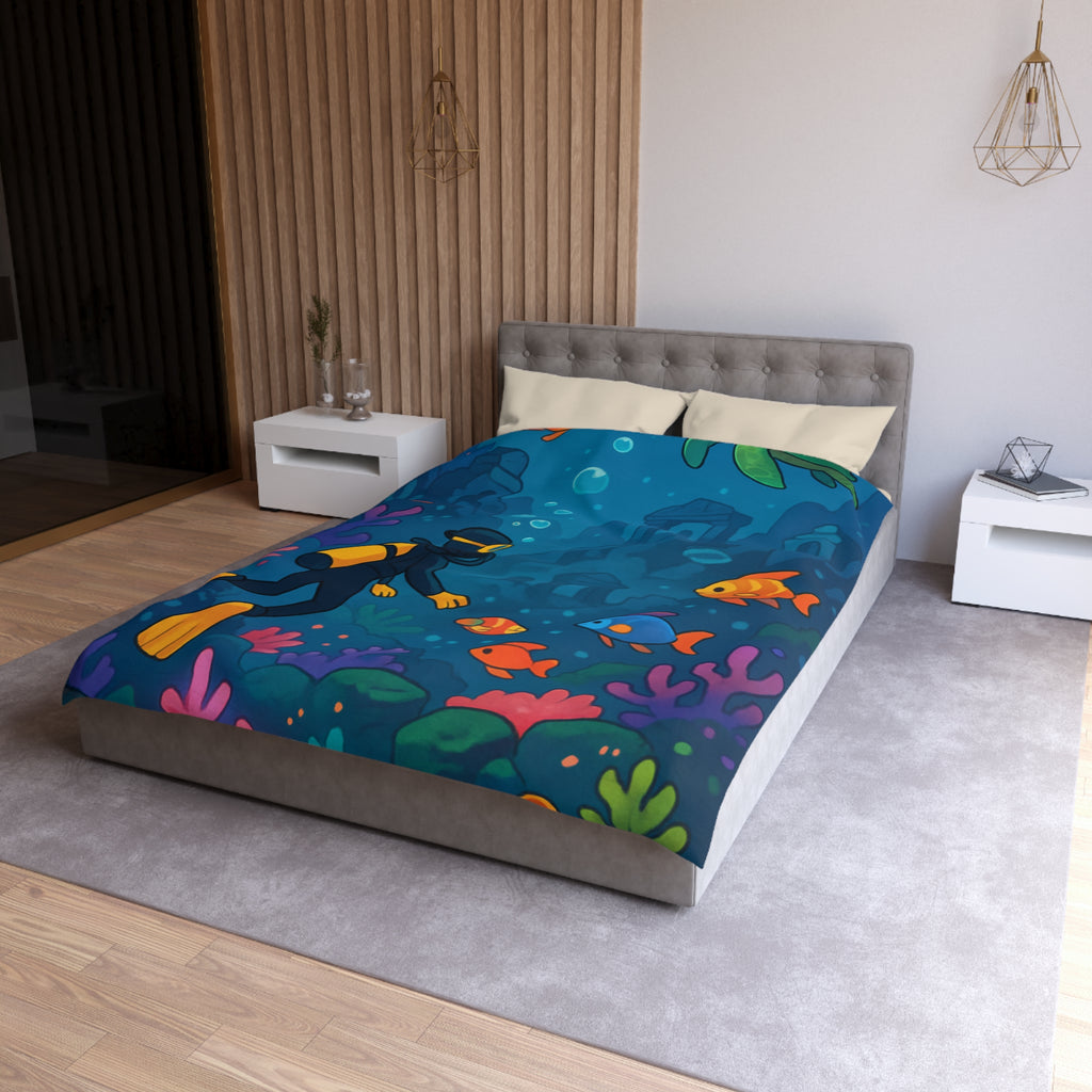 Housse de Couette Requin: Scène Sous-Marine Colorée avec Poissons Exotiques et Tortue