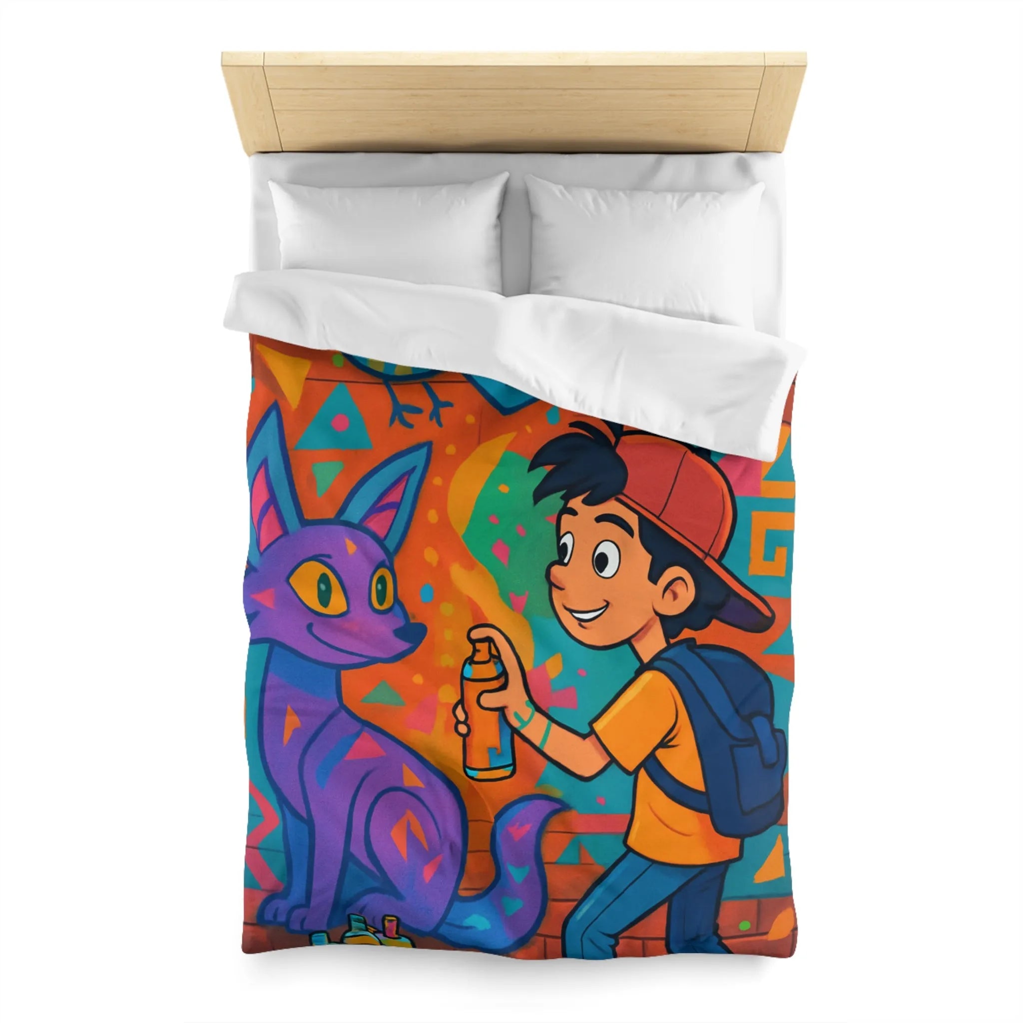 Housse de couette colorée pour enfant avec motifs graffiti et animaux urbains