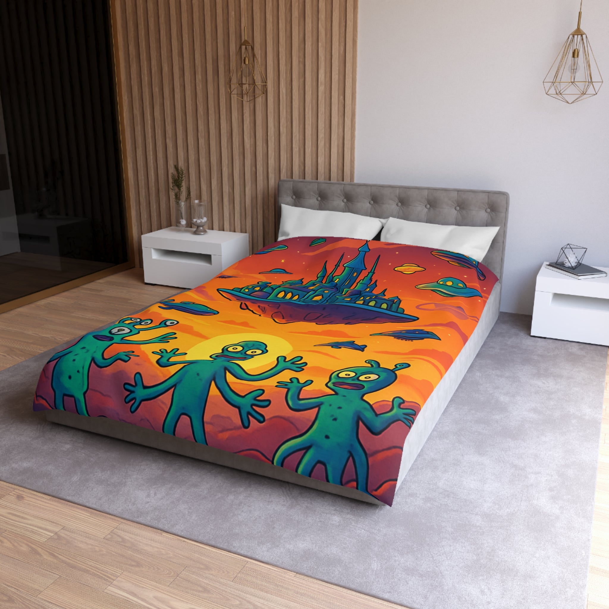Housse de couette sur thème extraterrestre avec château flottant et OVNI colorés