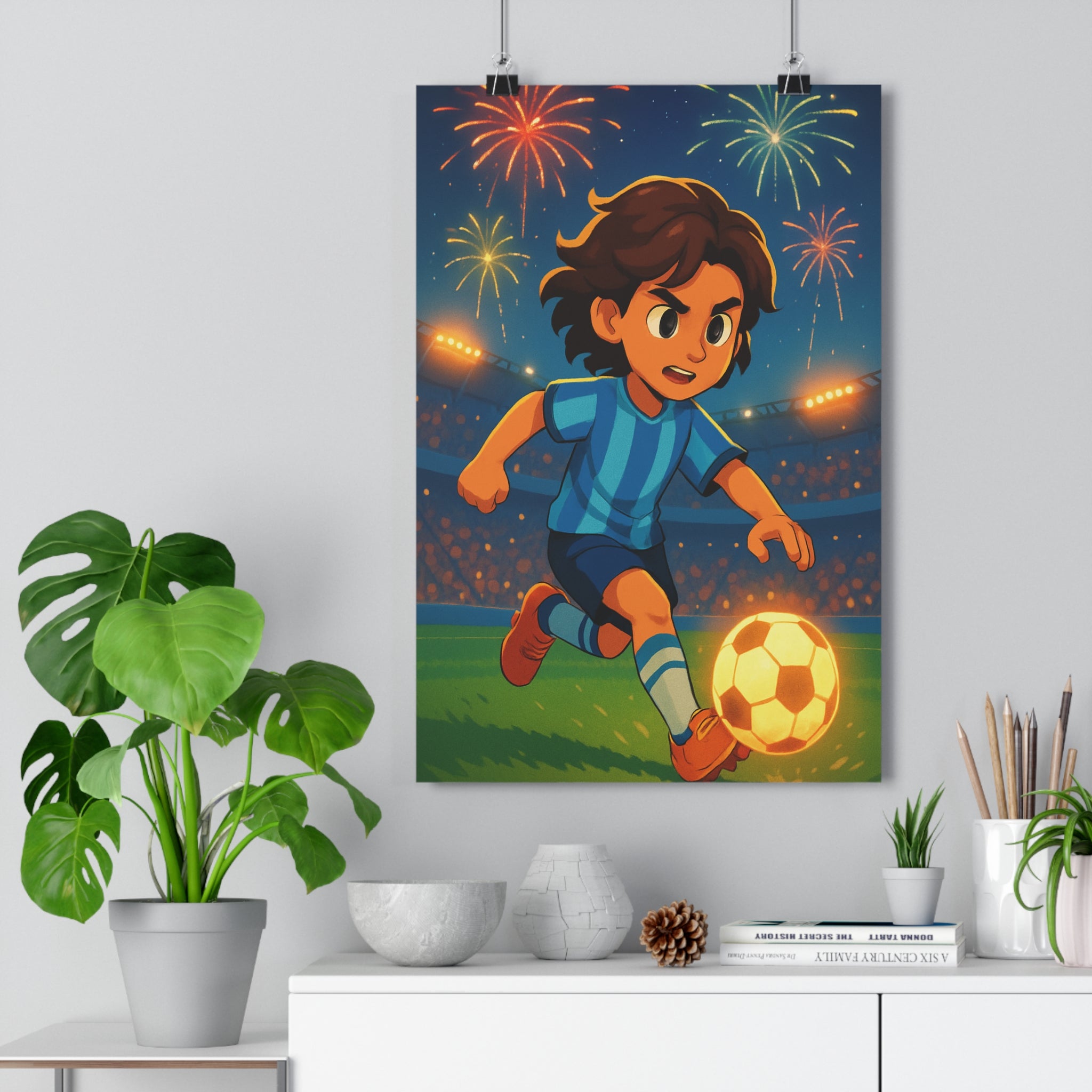 Poster décoratif cartoon football vibrant joueur dynamique couleurs éclatantes salon chambre enfant festif sportif