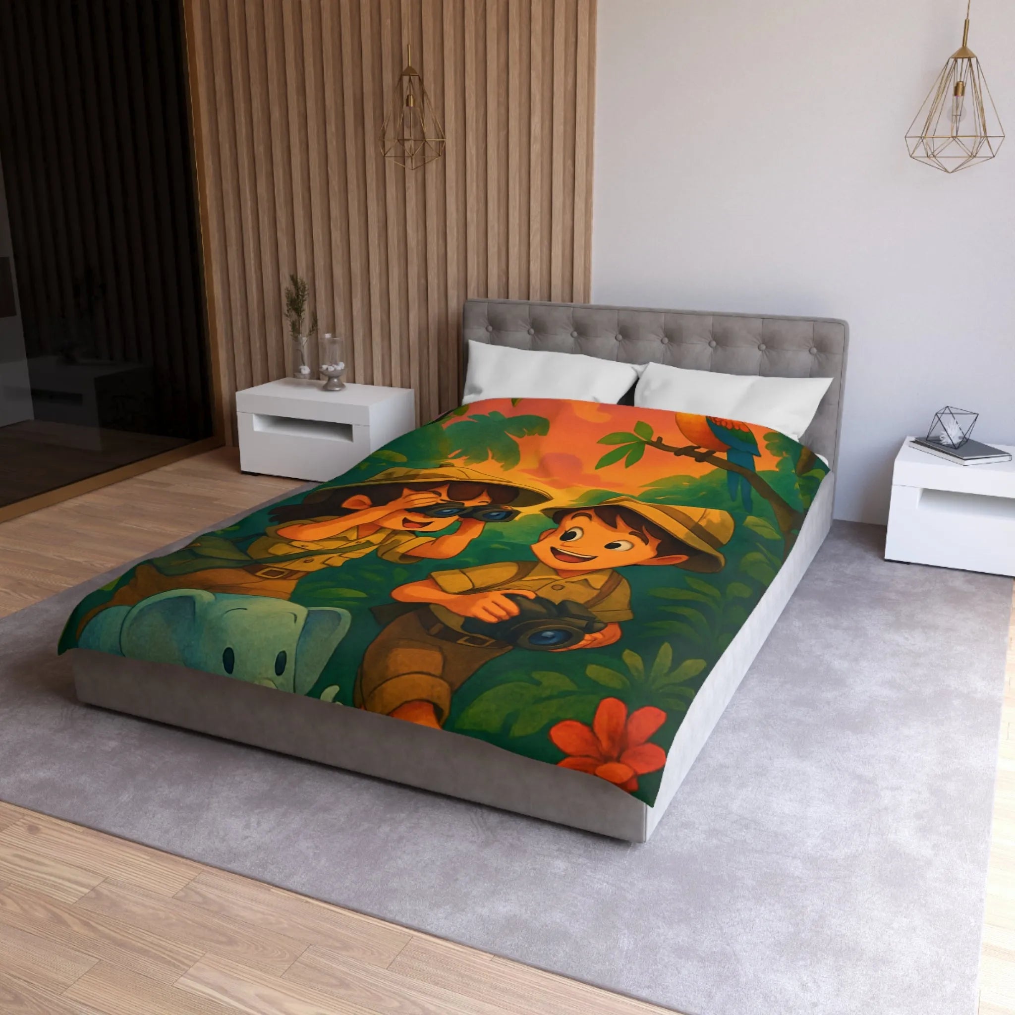 Housse de couette jungle colorée avec enfants explorateurs, perroquet et éléphant mignon