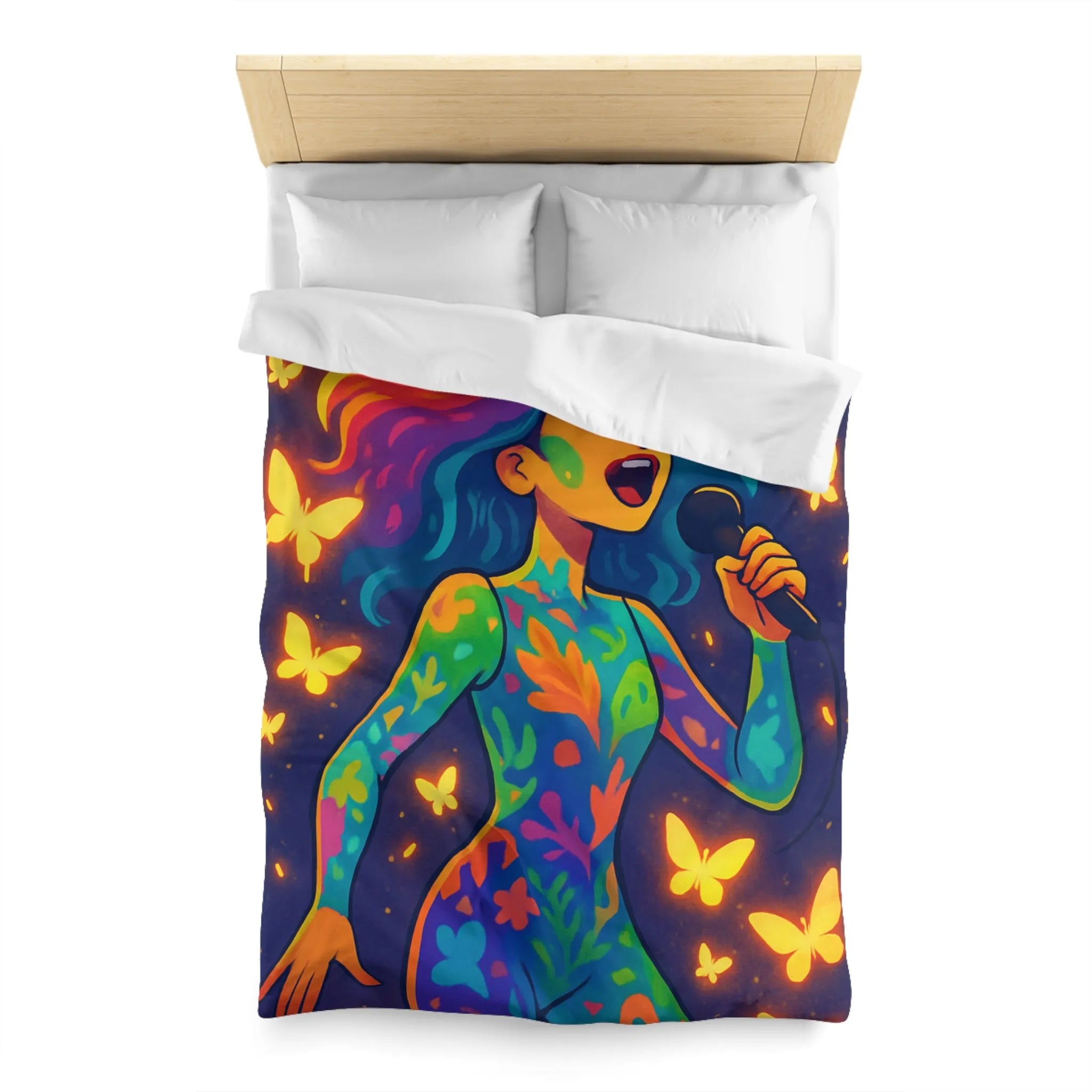 Housse de Couette Colorée : Artiste Chantant Entourée de Papillons Lumineux et Vibrants