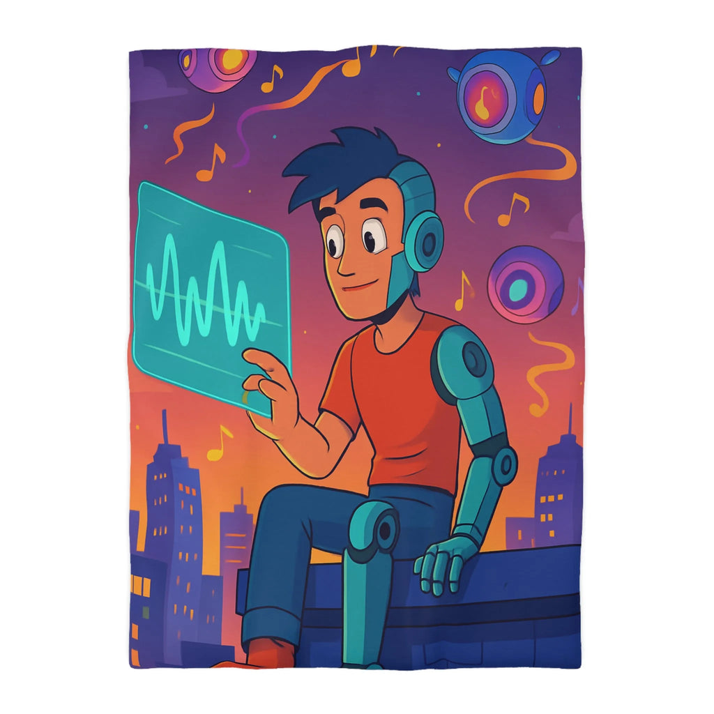 Housse de couette illustrée avec robot et skyline de nuit vibrante et colorée