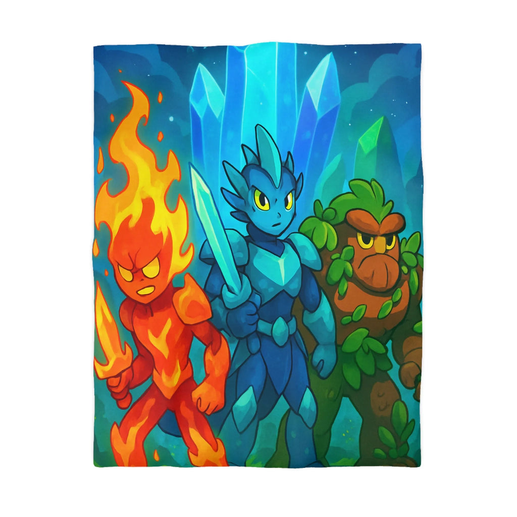 Housse de couette avec personnages élémentaires : feu, glace et terre, ambiance fantastique