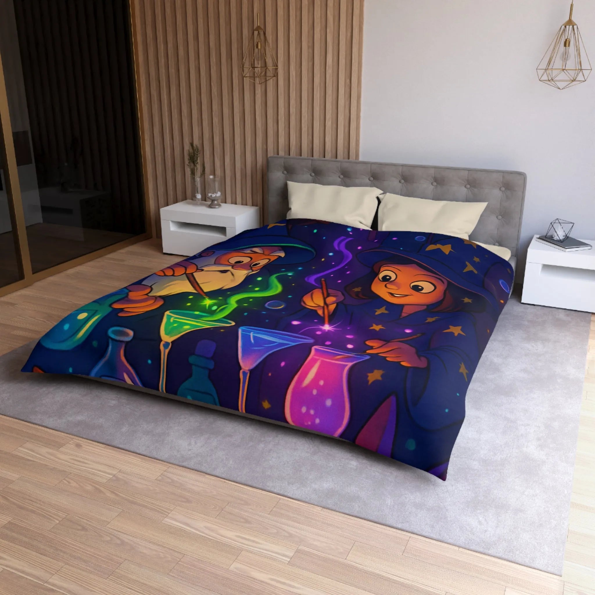 Housse de couette magique avec sorciers et potions dans un atelier enchanteur