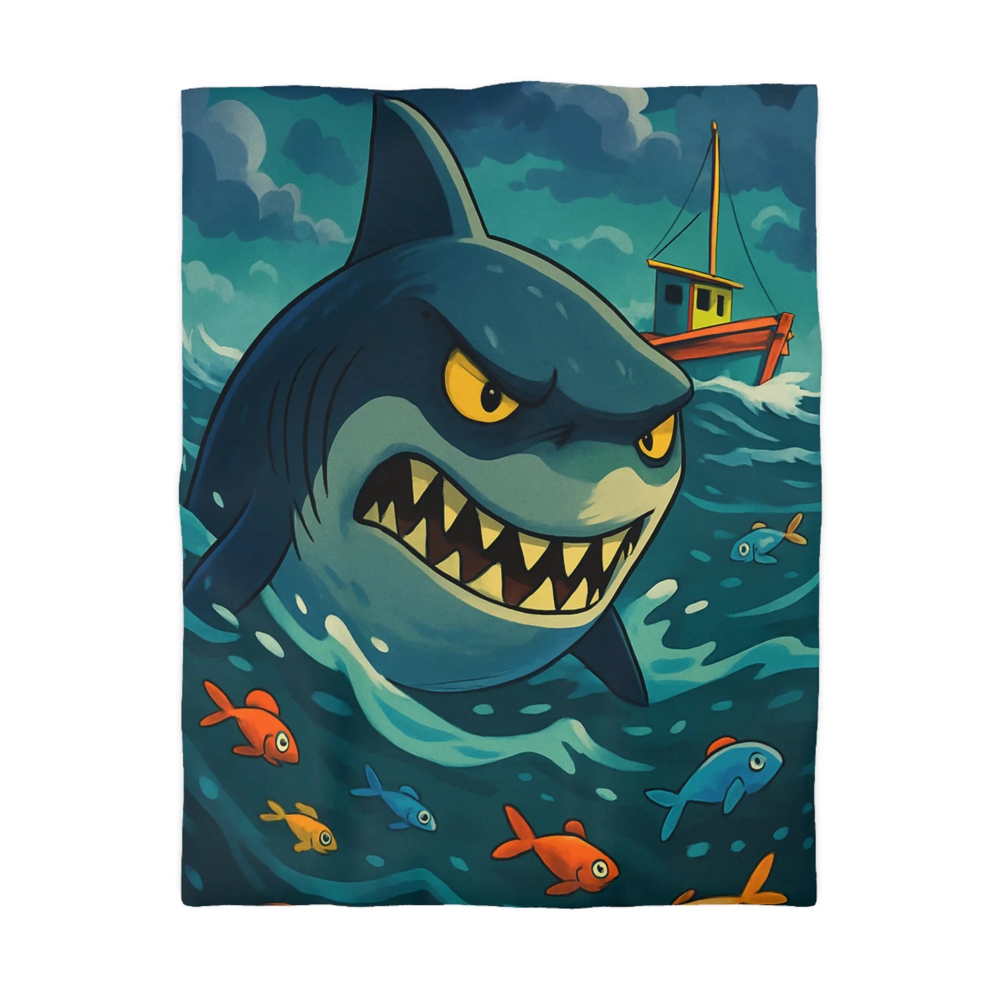 Housse de couette avec requin cartoon effrayant et poissons colorés en mer orageuse