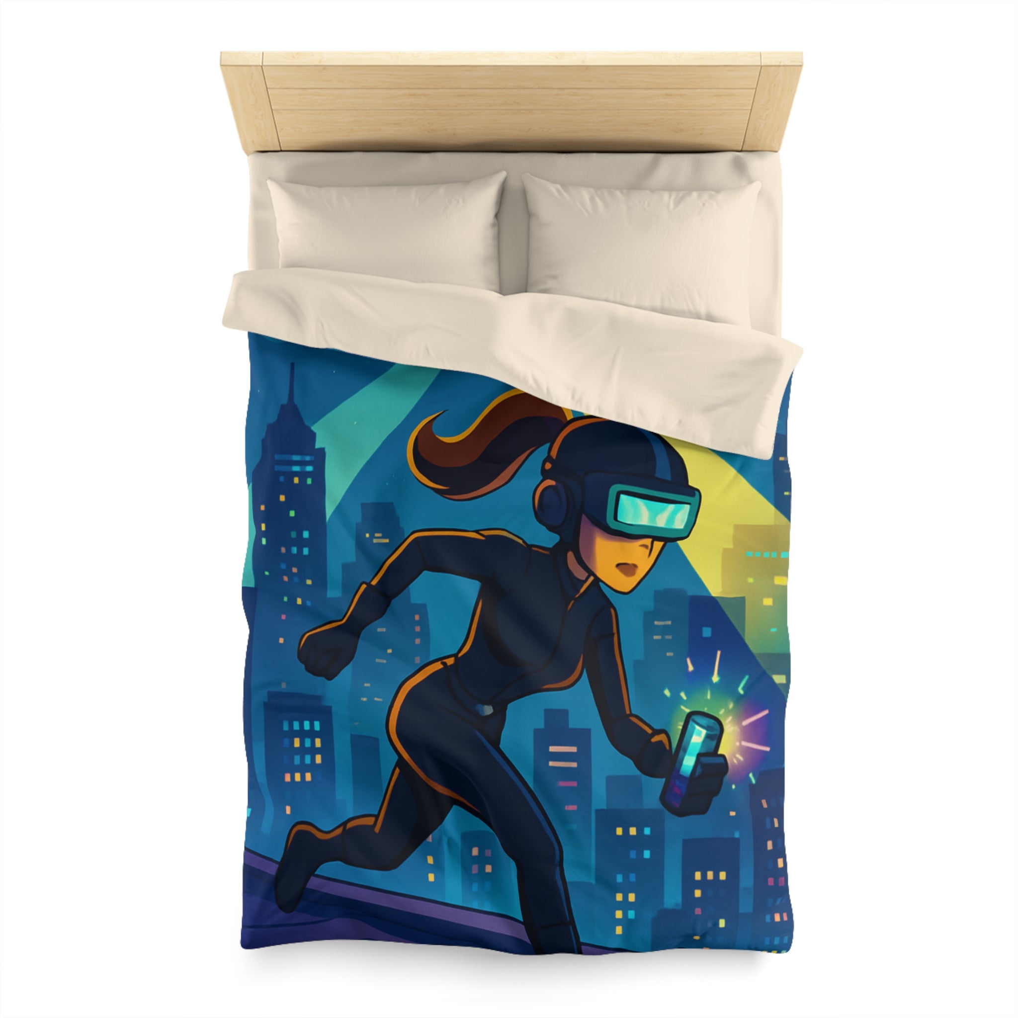 Housse de couette moderne avec motif de ville et personnage futuriste en action