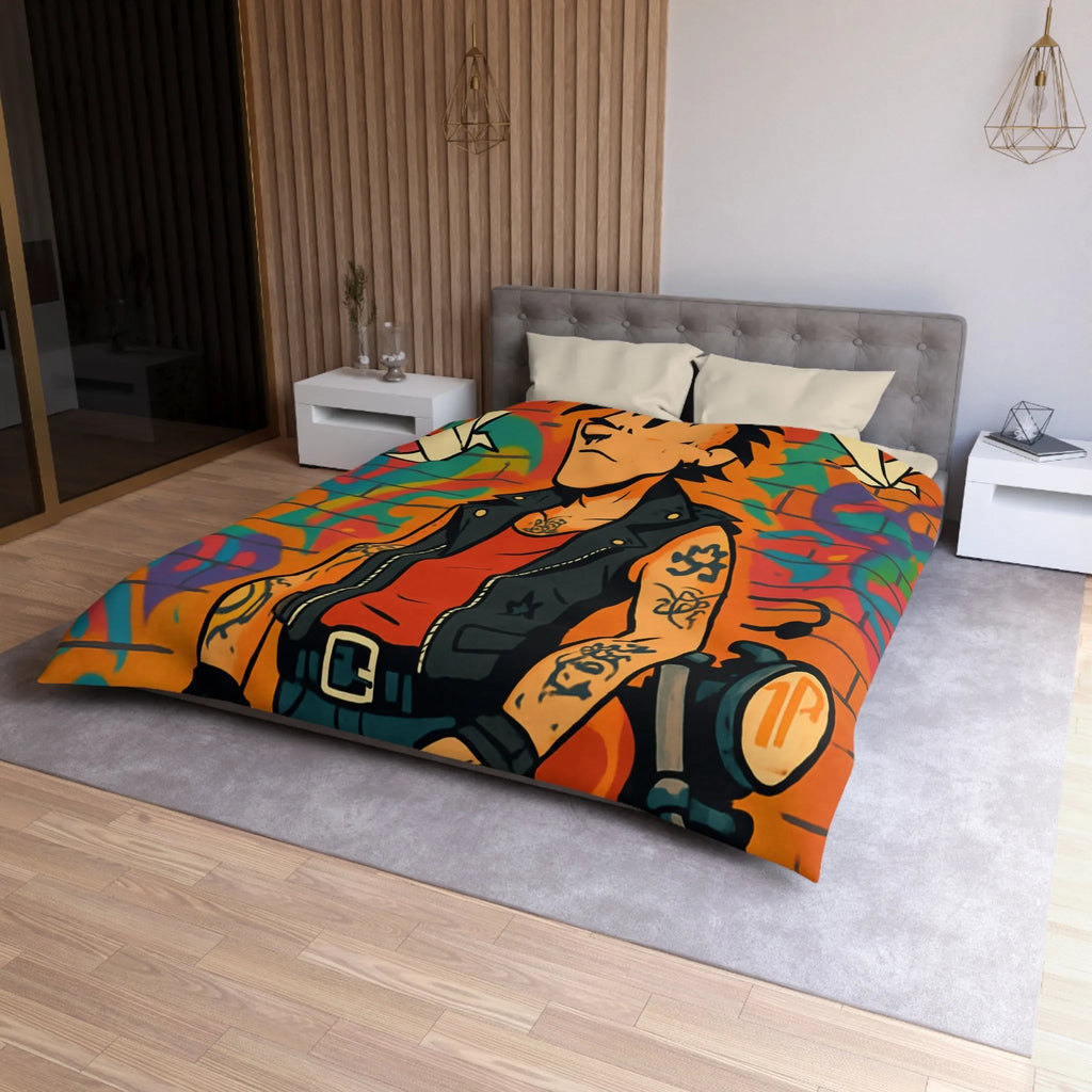 Housse de couette avec imprimé punk, moto et graffitis, ambiance urbaine colorée