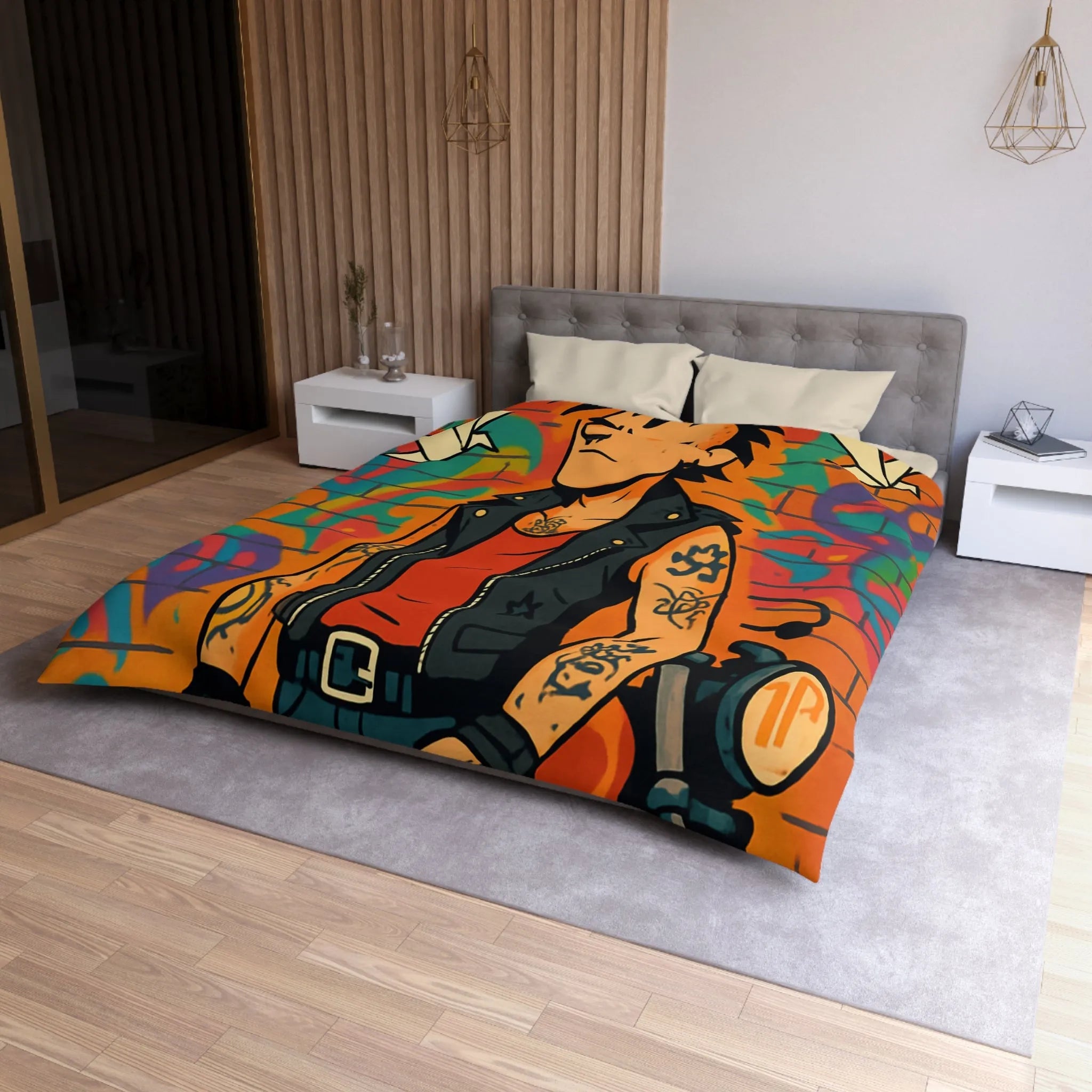 Housse de couette avec imprimé punk, moto et graffitis, ambiance urbaine colorée