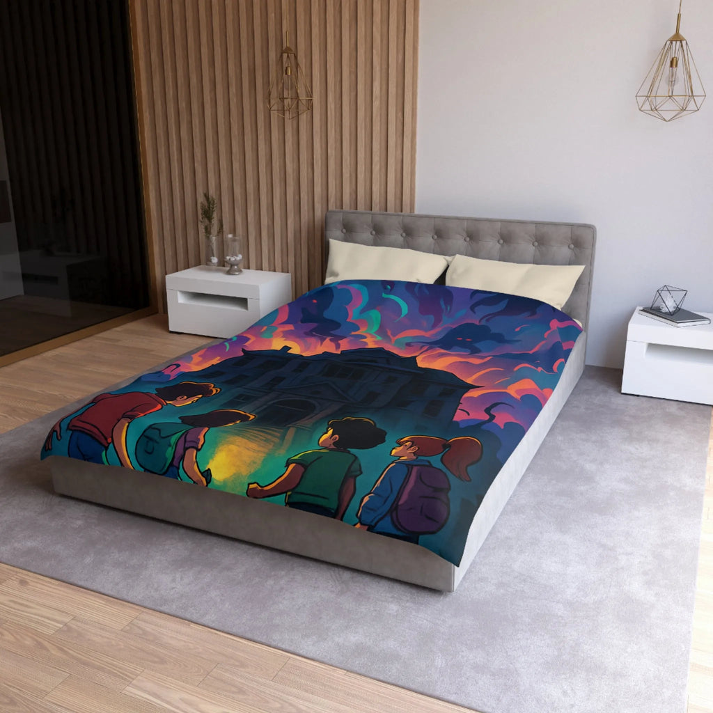 Housse de couette colorée avec maison hantée et nuages effrayants pour chambre inspirée