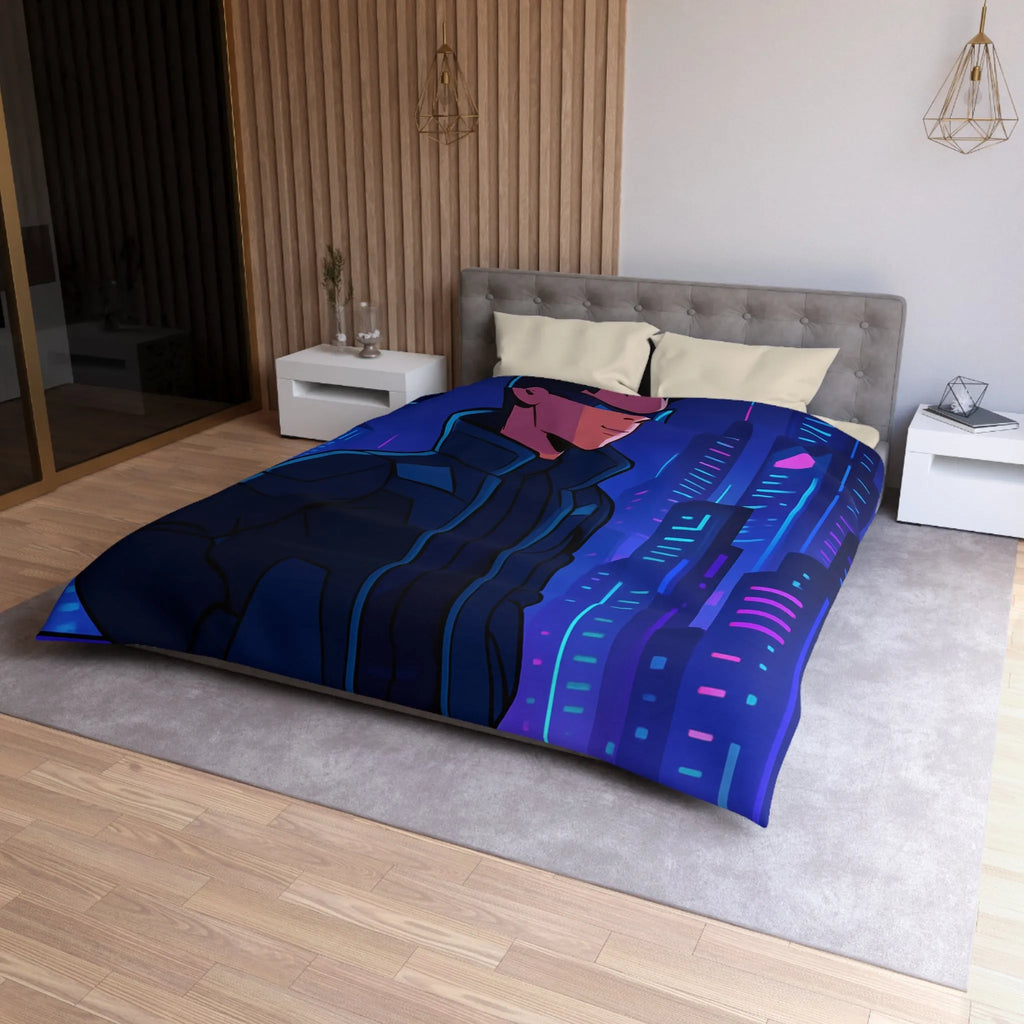 Futuriste Housse de Couette avec Ville Brillante et Homme Élégant en Lunettes