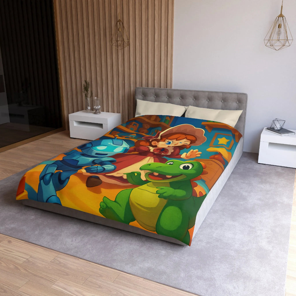 Housse de couette colorée avec robot, dinosaure et poupée en chambre enfantine