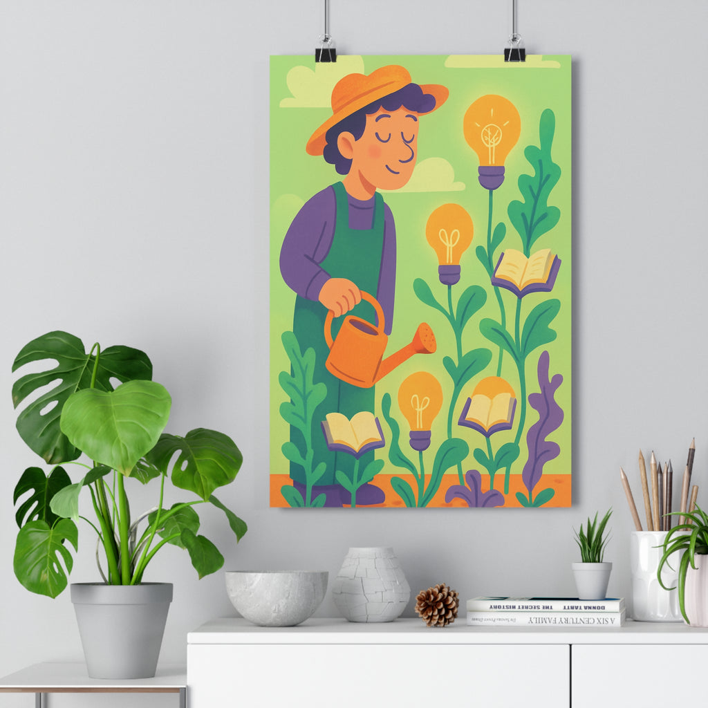 Poster décoratif cartoon jardinier vert orange fantaisiste joyeux salon chambre enfant ambiance créative tendance