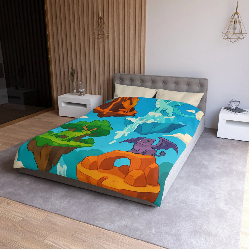 Housse de couette fantasy avec îles flottantes et créatures magiques colorées