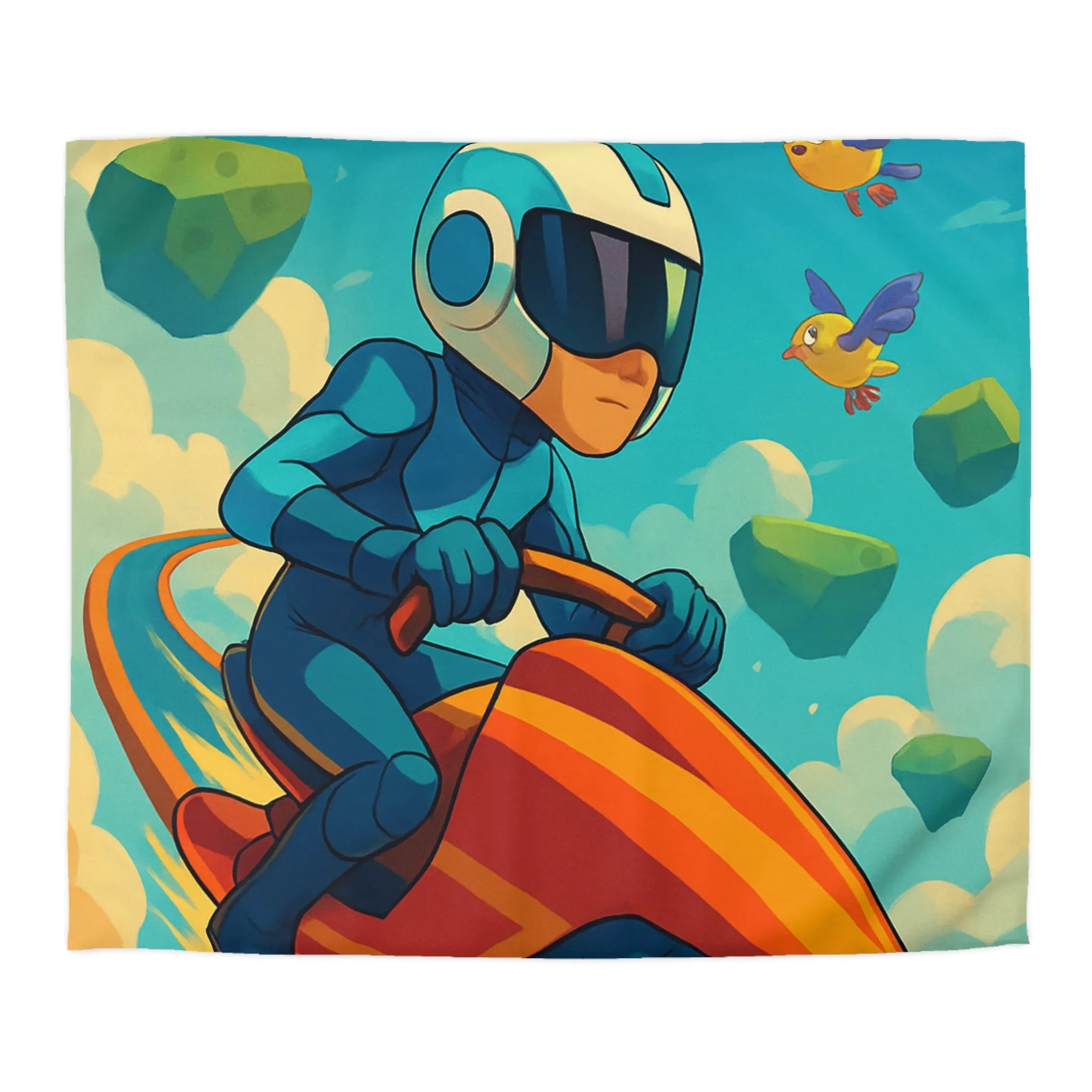 Housse de couette enfant colorée avec pilote et oiseaux dans ciel surréaliste