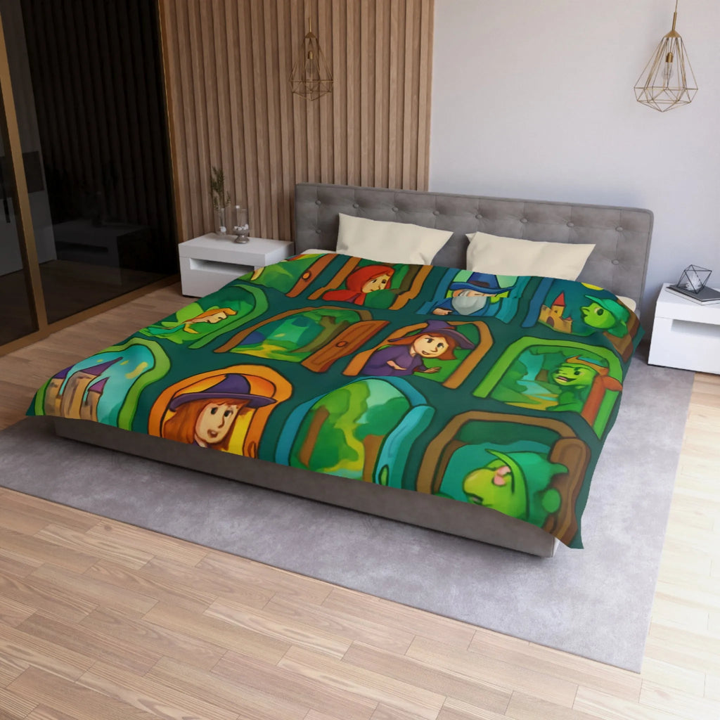 Enchantement magique avec motifs de sorcières, chevaux, et châteaux sur housse de couette