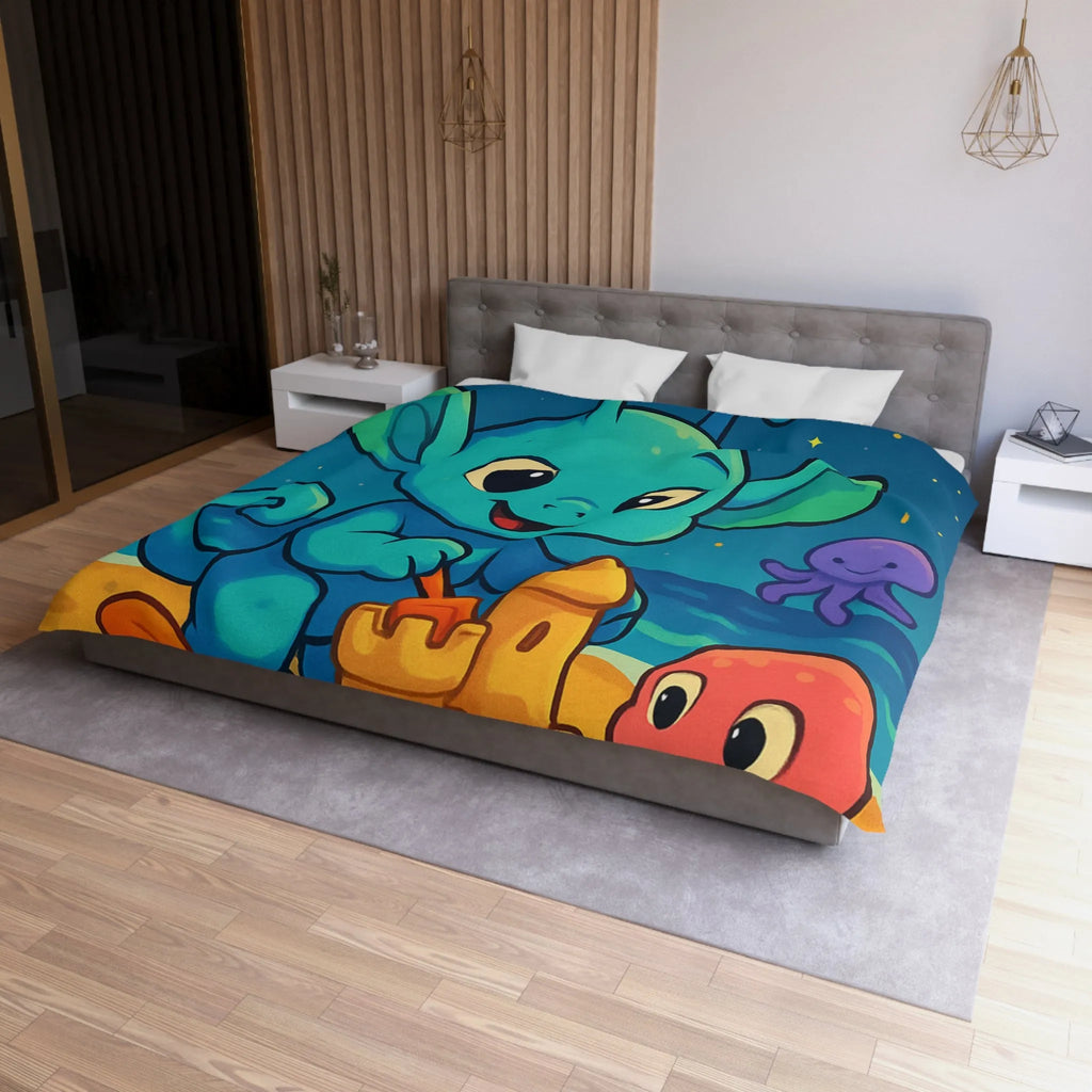 Housse de couette enfant avec créature bleue construisant un château de sable amusant