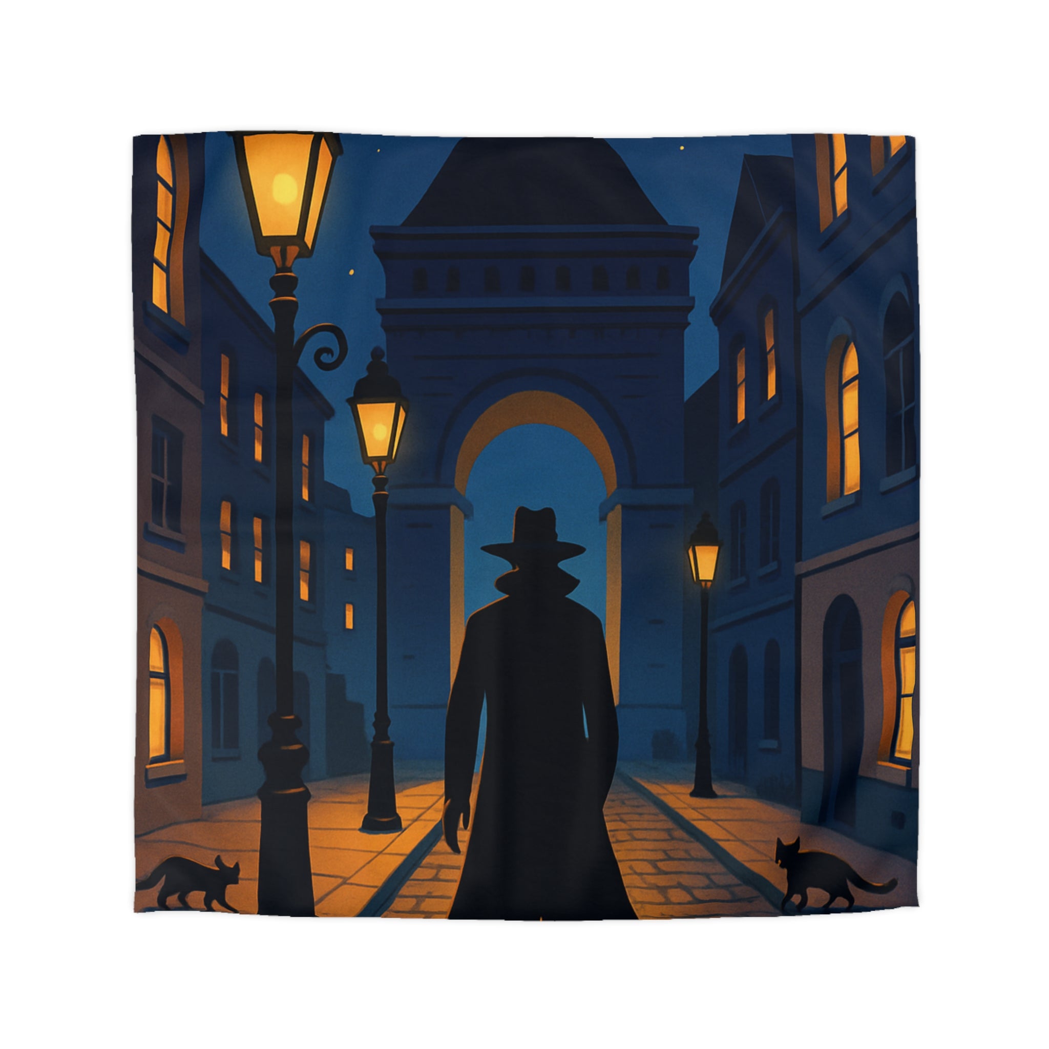 Housse de couette noire mystérieuse, silhouette d'homme avec chats et lampadaires nocturnes