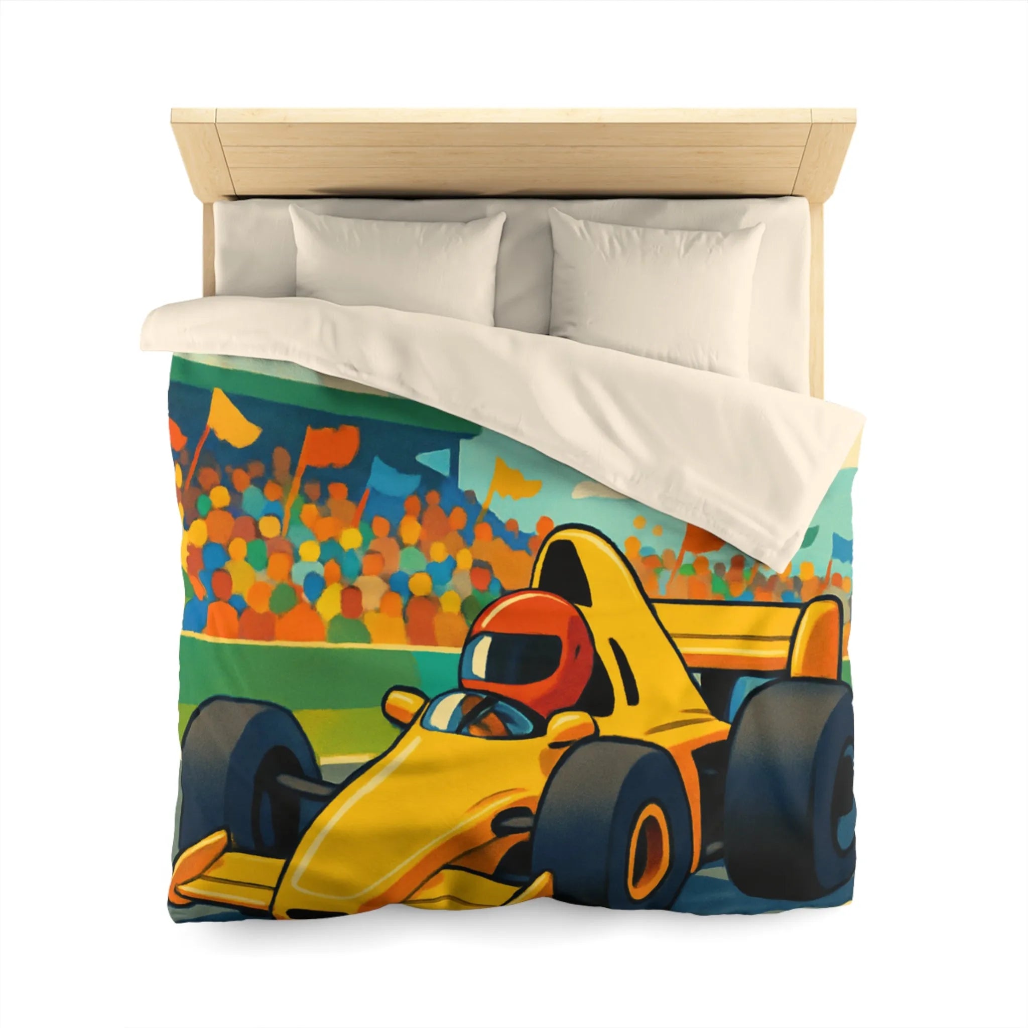 Housse de couette enfant voiture de course jaune circuit ambiance dynamique et colorée