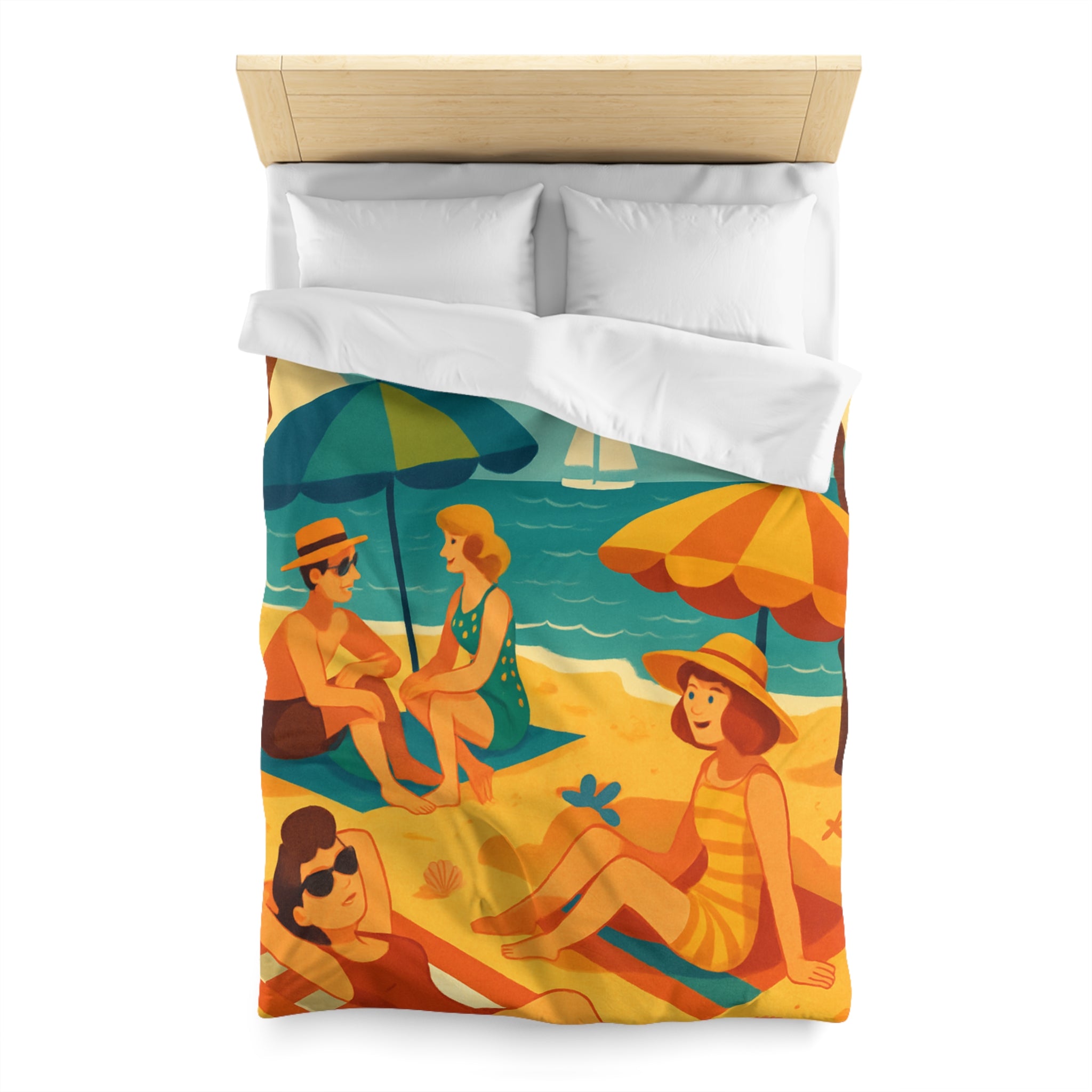 Housse de couette rétro plage colorée avec palmiers, parasols et amis au soleil