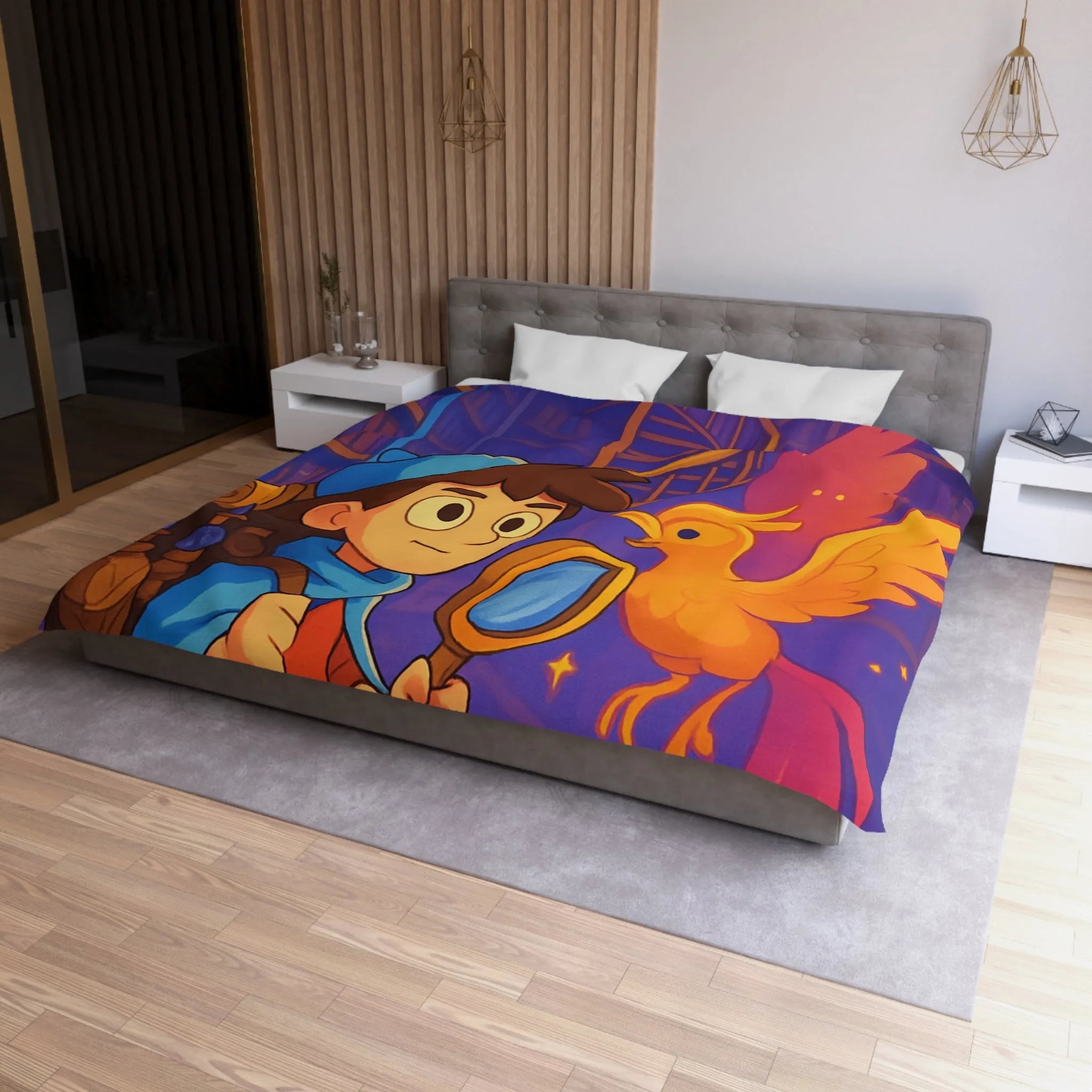 Housse de couette magique avec détective et phénix dans une bibliothèque enchanteresse