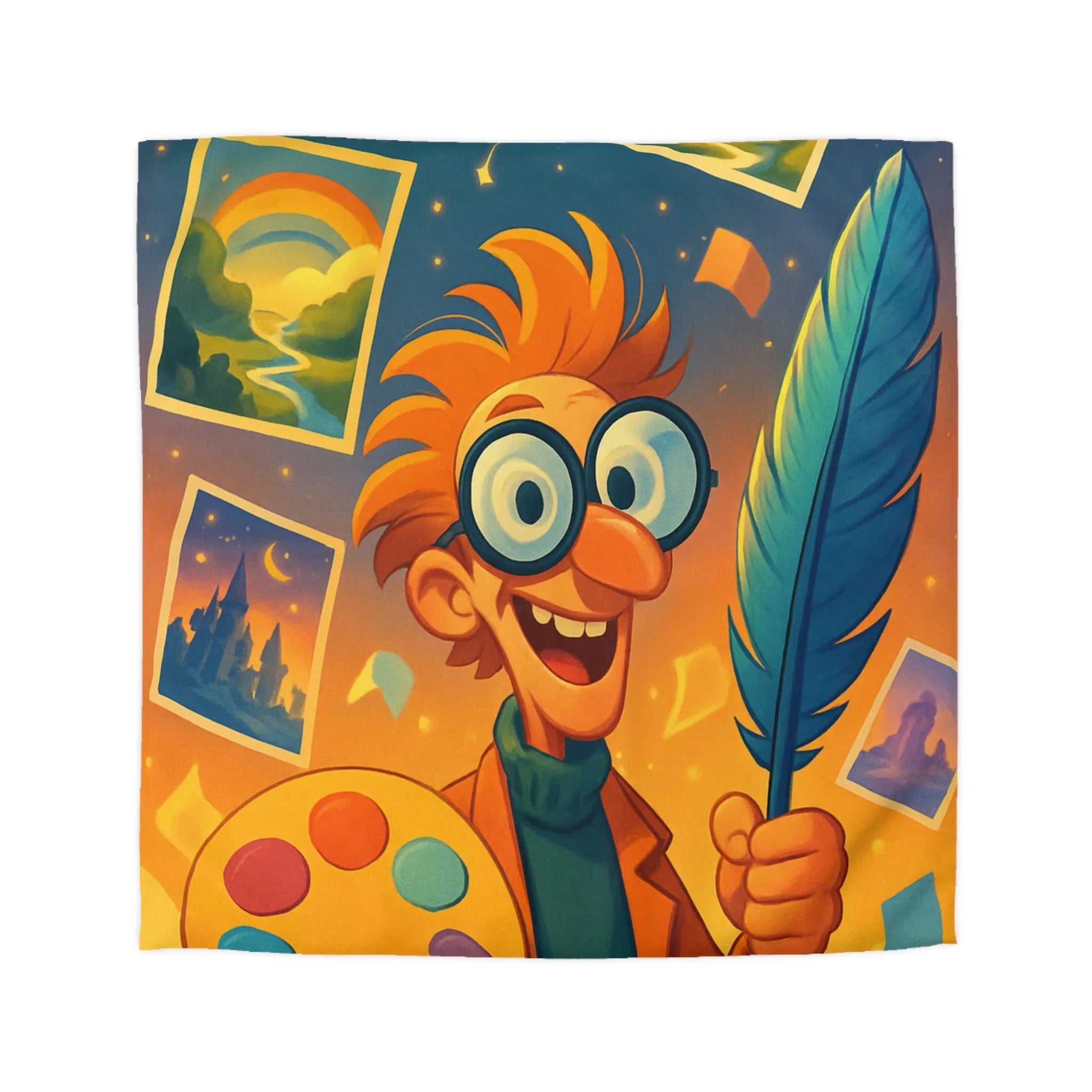 Housse de couette colorée avec paysage de conte de fées et artiste joyeux