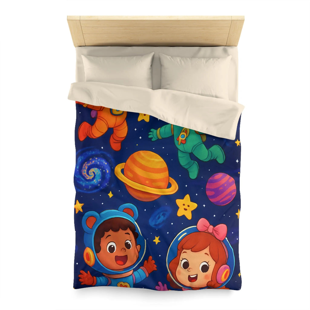 Housse de Couette Enfant : Aventure Cosmique avec Astronautes et Étoiles Colorées Stylisées