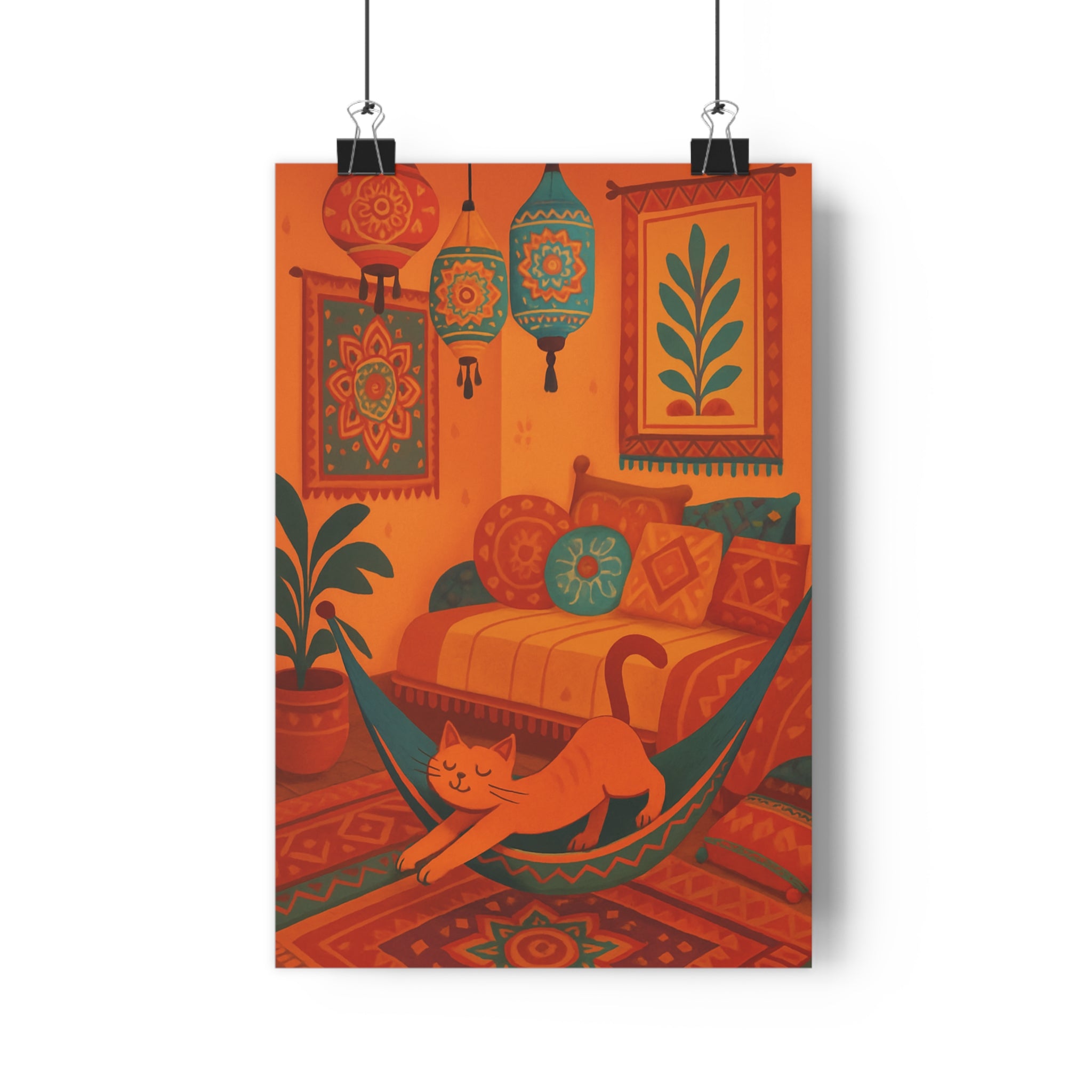 Poster décoratif bohème chic orange bleu jaune chat hamac salon cosy intérieur chaleureux tendance