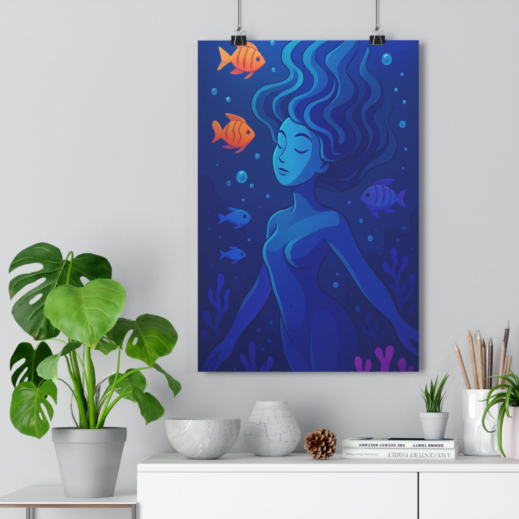 Poster décoratif impressionniste aquatique bleu orange violet femme flotte poissons paisible serein chambre salon