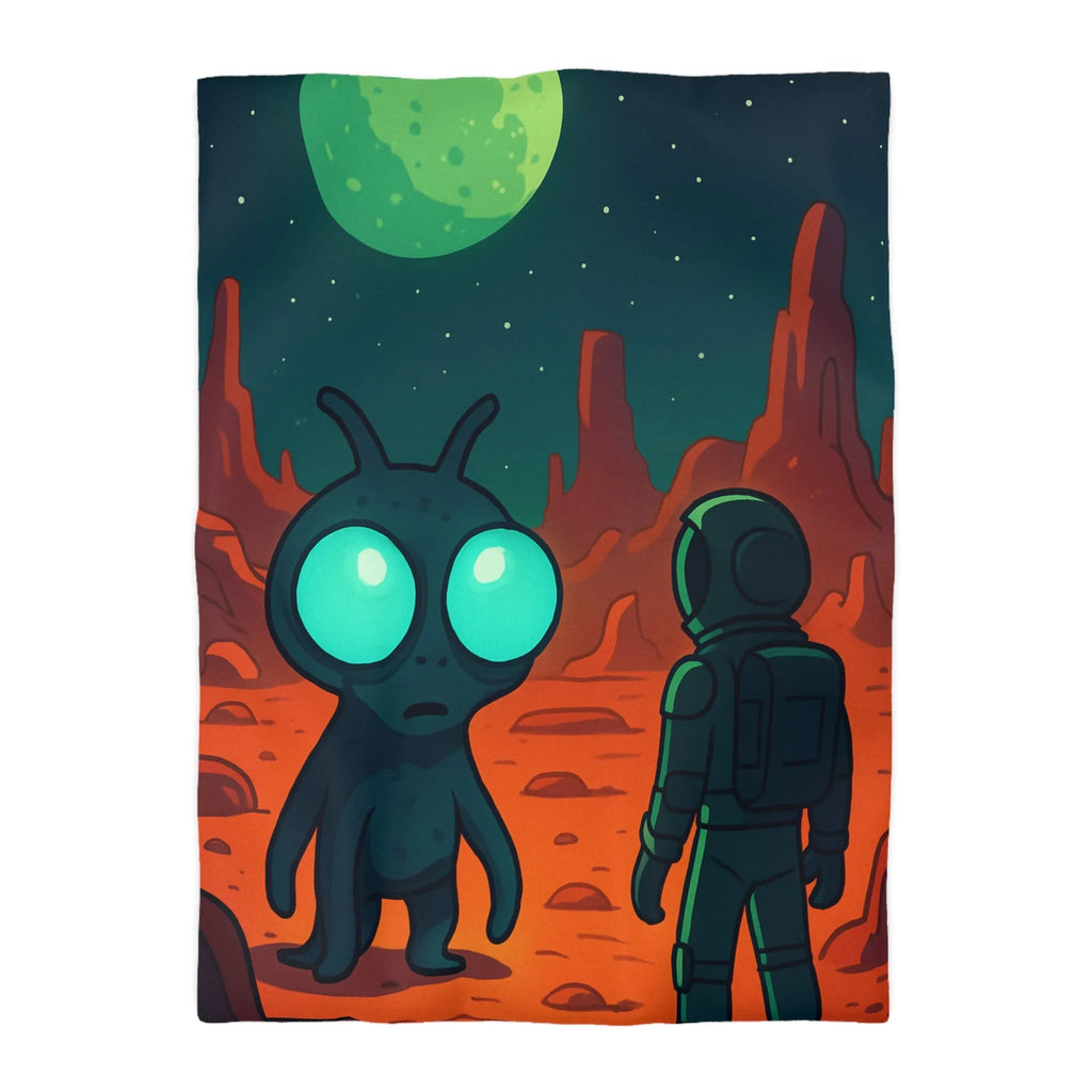 Housse de couette extraterrestre et astronaute sur fond de paysage lunaire mythique