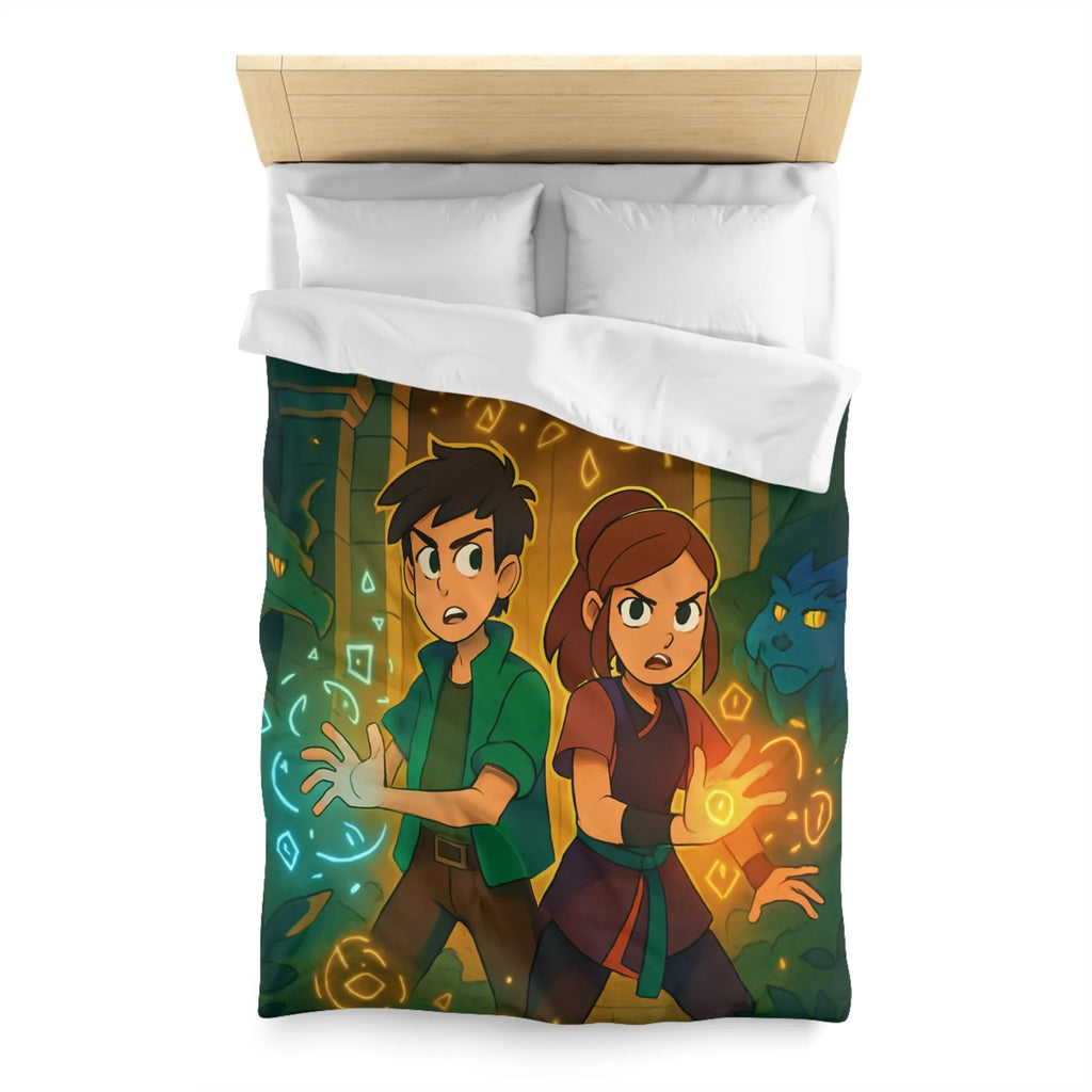 Housse de Couette Magique avec Enfants et Symboles Lumineux Devant un Portail Mystique